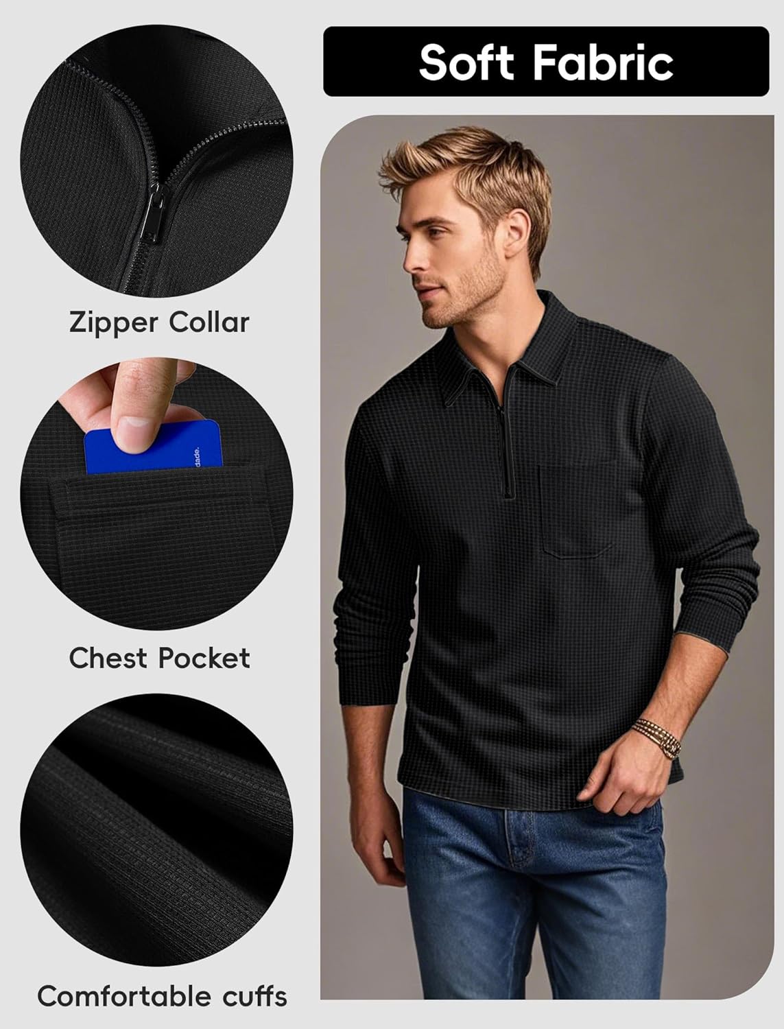 Men's Long Sleeve Polo Shirts Quarter Zip Up Pullover Slim Fit Casual Stylish Golf Shirt for Men Lightweight Tops with Pocket - Image 4