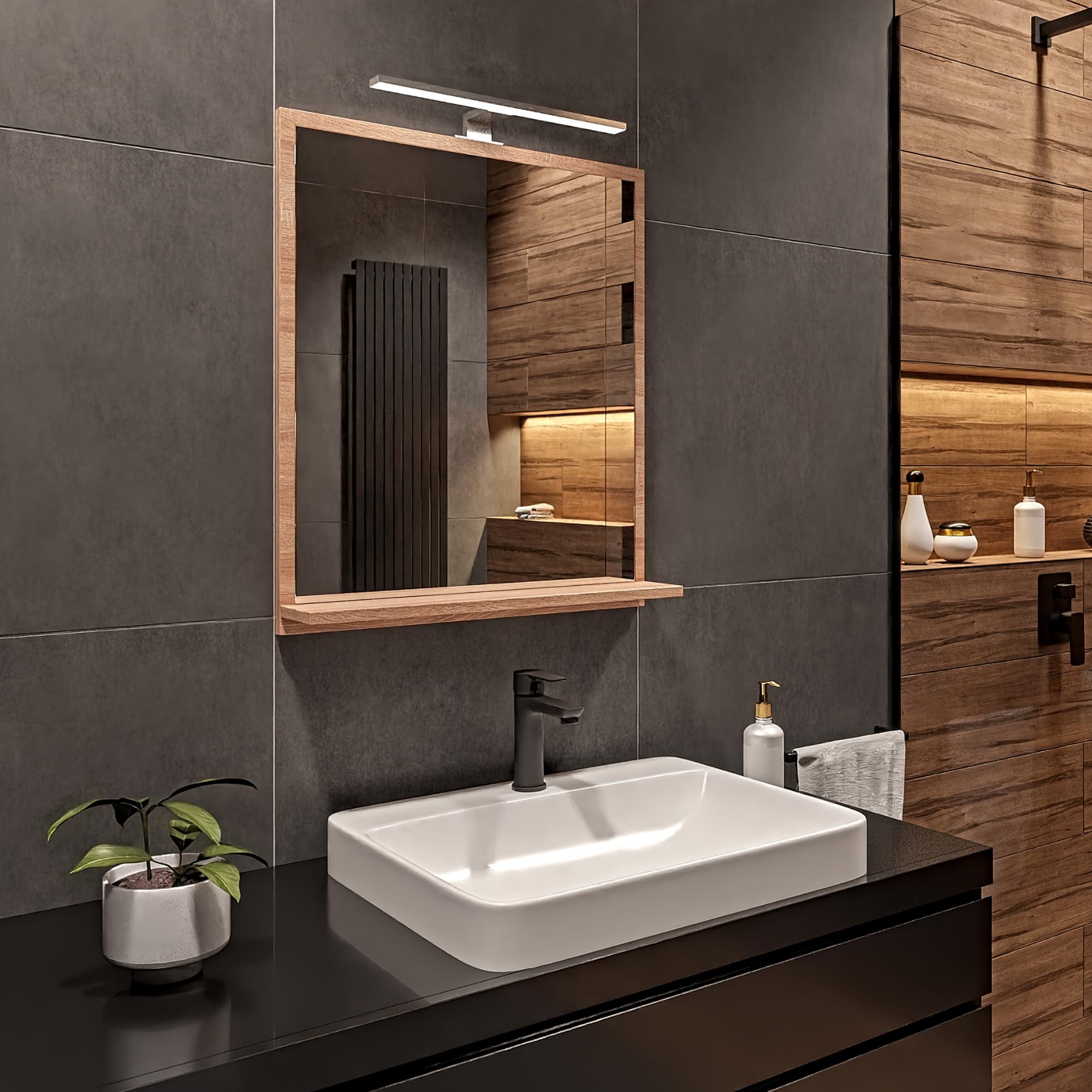 Specchio Bagno con Luce da Parete Sonoma A: 70 cm x L: 60cm con Mensola - Specchio da Bagno LED Retroilluminato con Ripiani, IP44 Impermeabile la Toilette Riflesso LED 4000 K