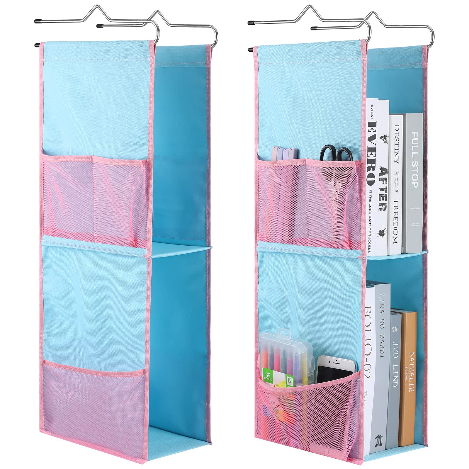 Decorative Hanging Locker Accessories Shelves Includes 3 Shelf Hanging Locker Organizer and 2 Shelf Hanging Locker Organizer for Office School Home Gym Closet Supplies (2 Shelf Style, Pink, Blue)