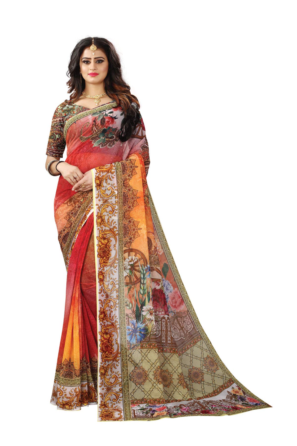 Pramukh EnterpriseWomen's Georgette Saree with Blouse Piece (Multi-Coloured)