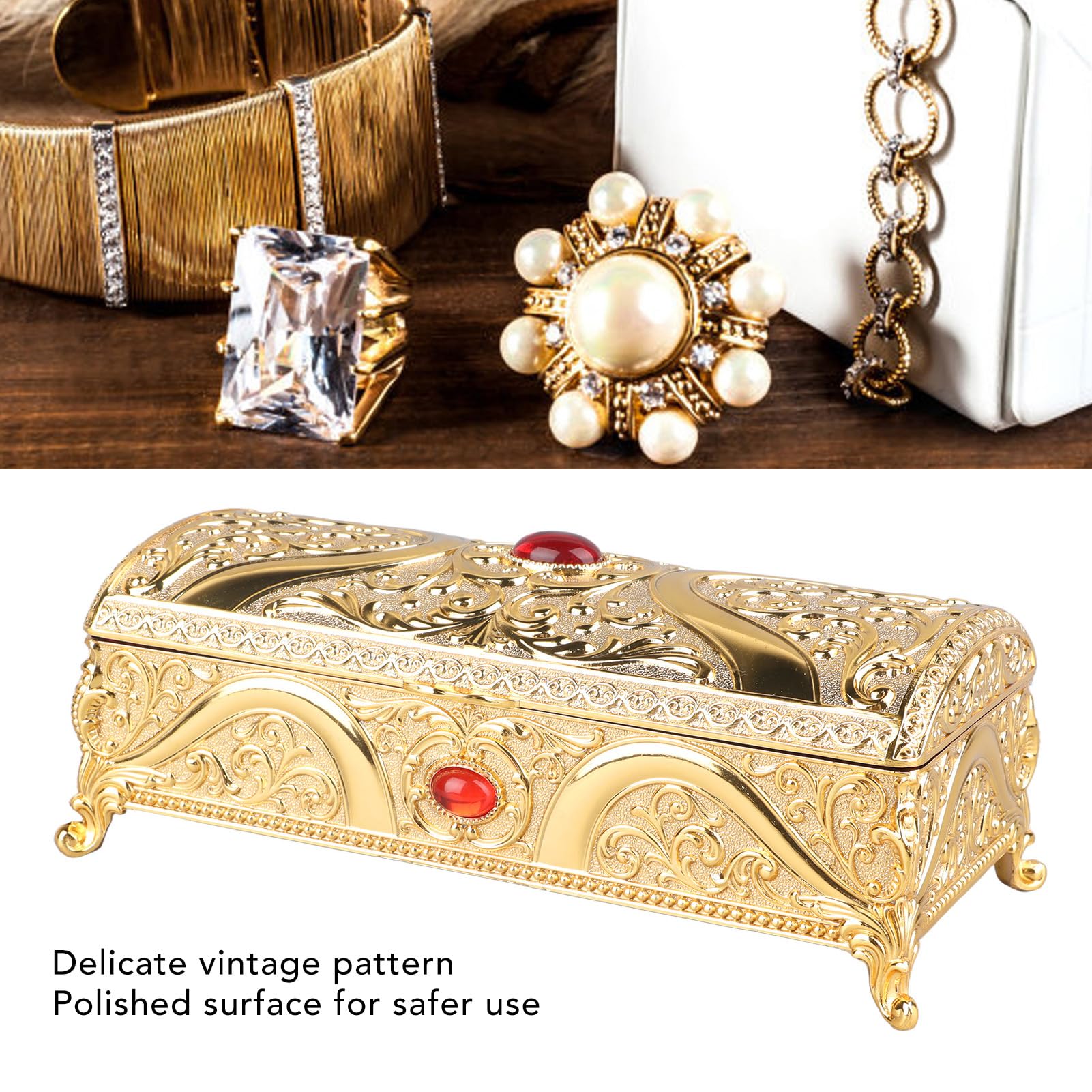 Metalowe pudełko na biżuterię w stylu vintage Eleganckie prostokątne pudełko na ozdoby z delikatnym wzorem Miękka aksamitna wyściółka Pojemnik o dużej pojemności na pierścionki (Złoto)