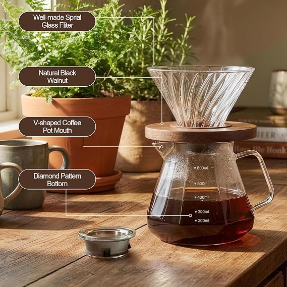 Pour Over Coffee Maker, 600ml/20oz Borosilicate Glass Carafe with Paper Filters, Walnut Base & Glass Lid, Holds 3 Cups, Ideal for Home, Café or Camping