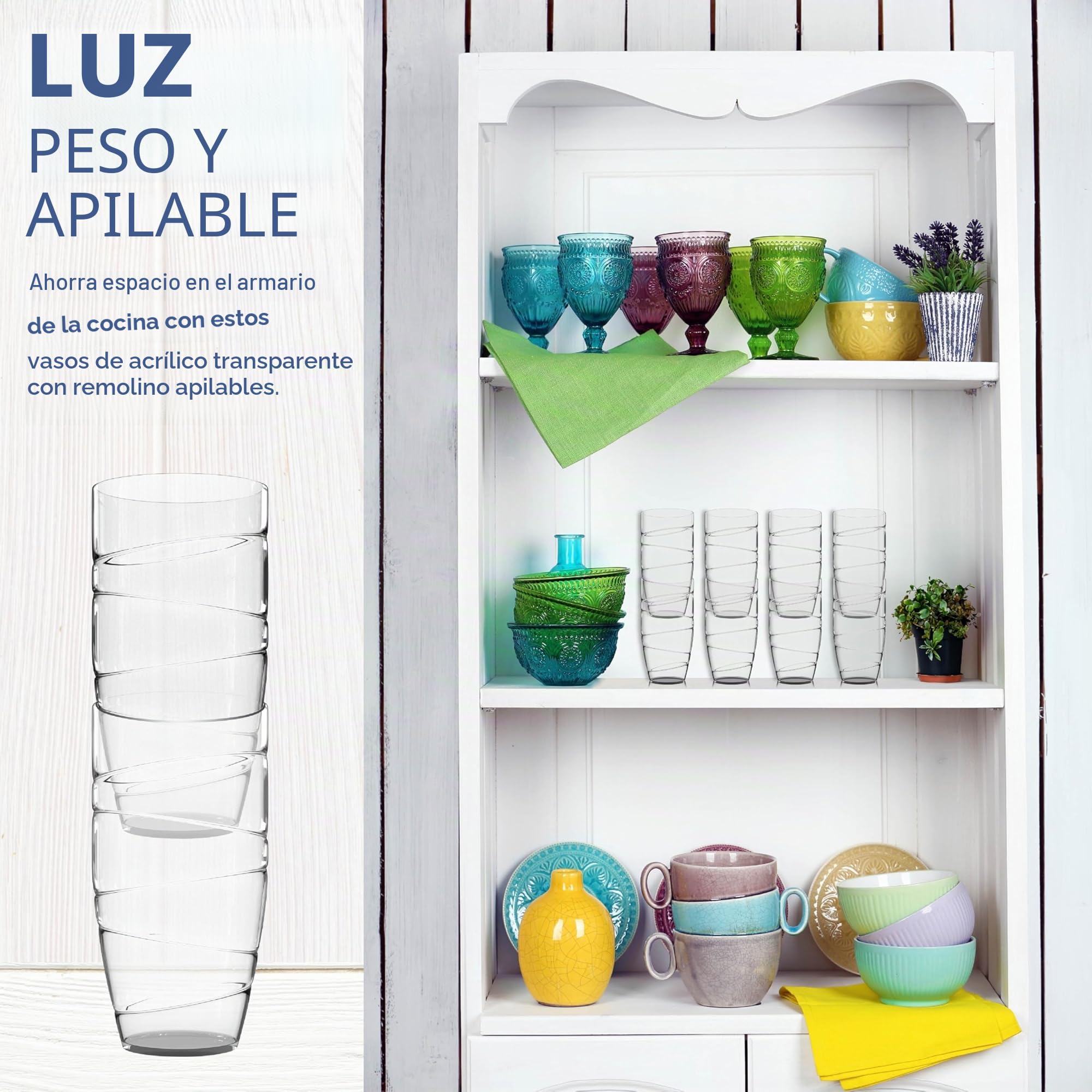 HEFTMAN Juego de 12 vasos de plástico acrílico de 550 ml con diseño en espiral, apilables, reutilizables, para jardín, picnic, camping, barbacoas, fiestas o uso diario (transparentes)
