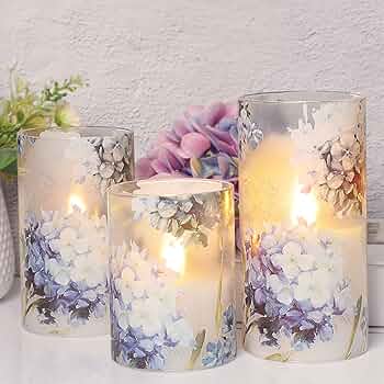 Silverstro LED Flameless Candles Remote Timer Romantic Love Hydrangea Decal LED Candles - Real Wax Battery Operated Candles for Home Party Wedding Spring Botanical Decor - Set of 3
