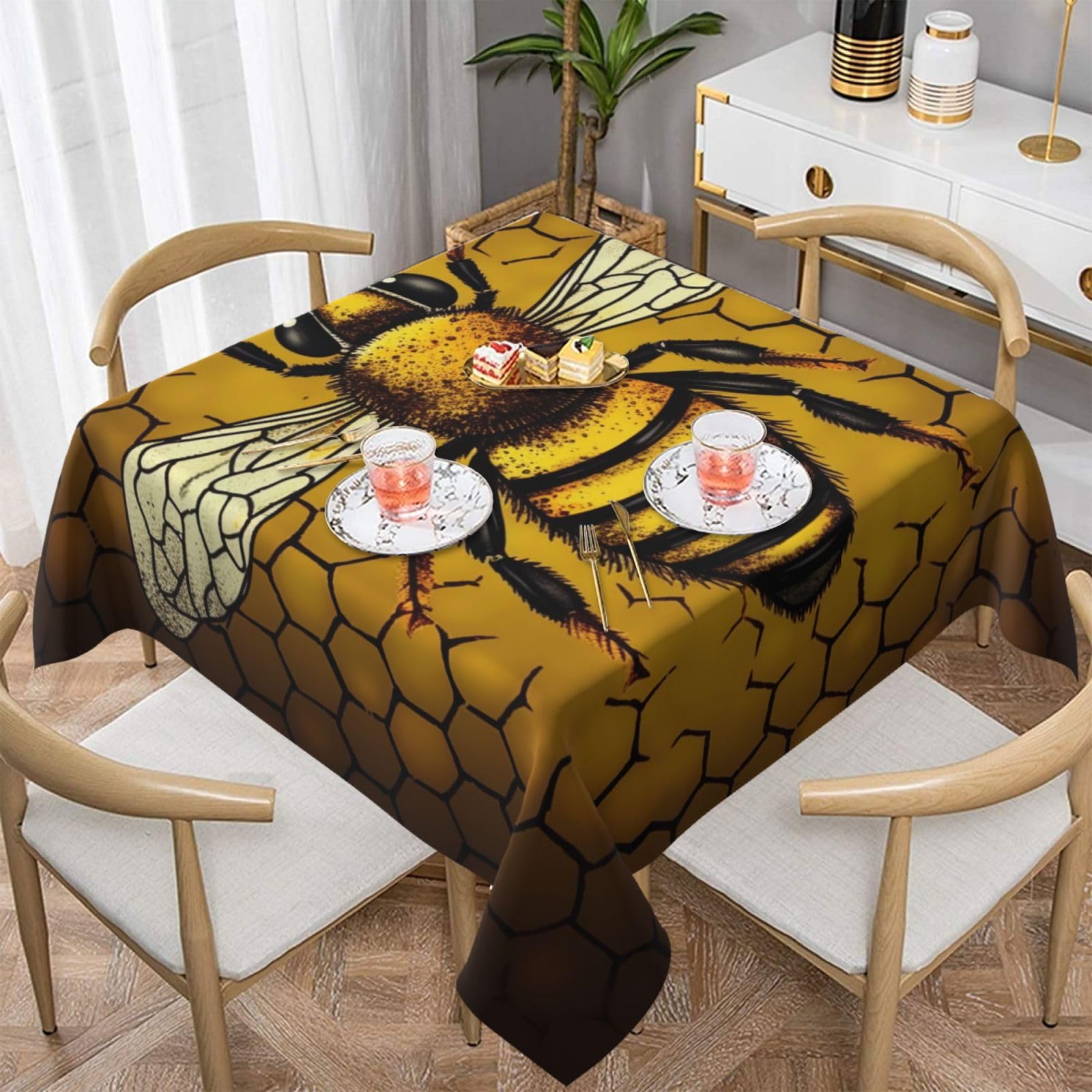 WPKJU Bee Honeybee Printed Square Tablecloth 60x60 inch Water Resistant Table Cover Washable Rectangle Table Cloth for Dining Tables