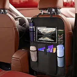 Organizador de carro no banco traseiro com protetor de tapete e suporte de tablet para tela sensível ao toque, armazenamento de assento de carro para crianças, acessórios de viagem com 6 bolsos