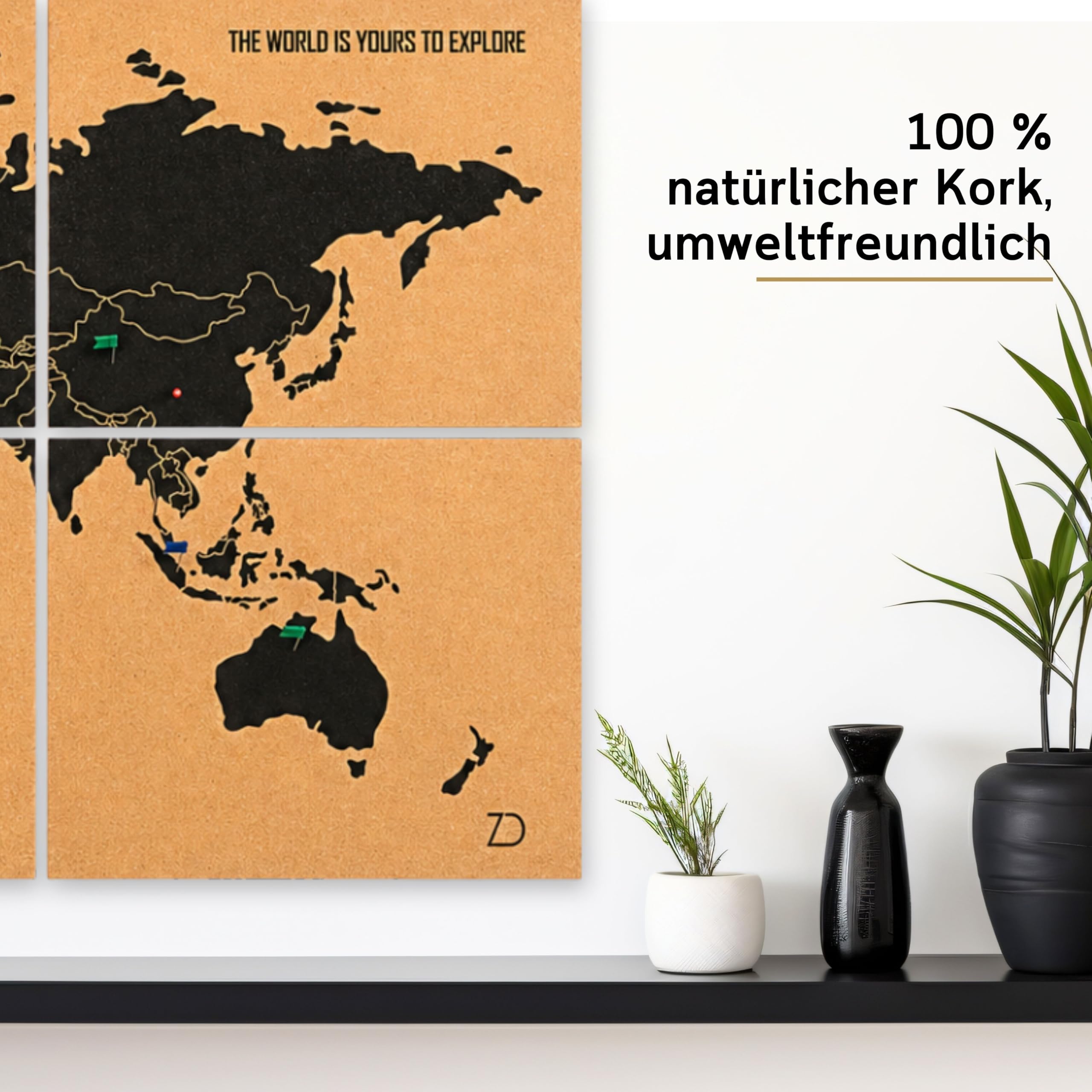 Weltkarte Pinnwand Kork XXL 120x60 cm – 6 Selbstklebende Paneele – Weltkarte zum Pinnen mit Pins – Korkplatte Wanddeko – 60 Pinnadeln Inklusive