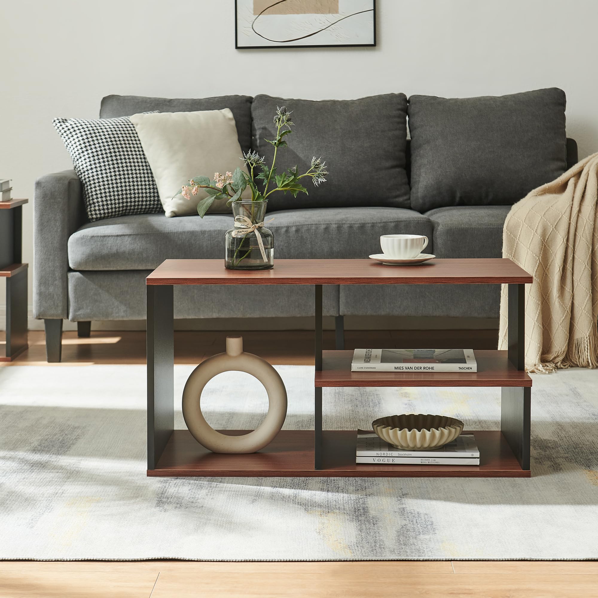 [en.casa] Couchtisch Trond 80x40x42 cm Schwarz/Walnuss Beistelltisch mit 3 Ablagefächern Wohnzimmertisch Sofatisch Kaffeetisch