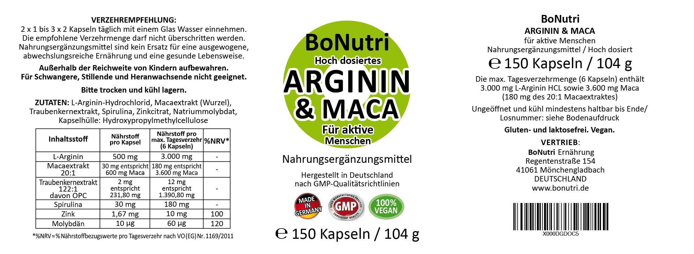 Maca 3600 mg & Arginin 3000 mg 150 Kapseln Deutsche Qualität Ohne Magnesiumstearat Vegan Gluten-/Laktosefrei