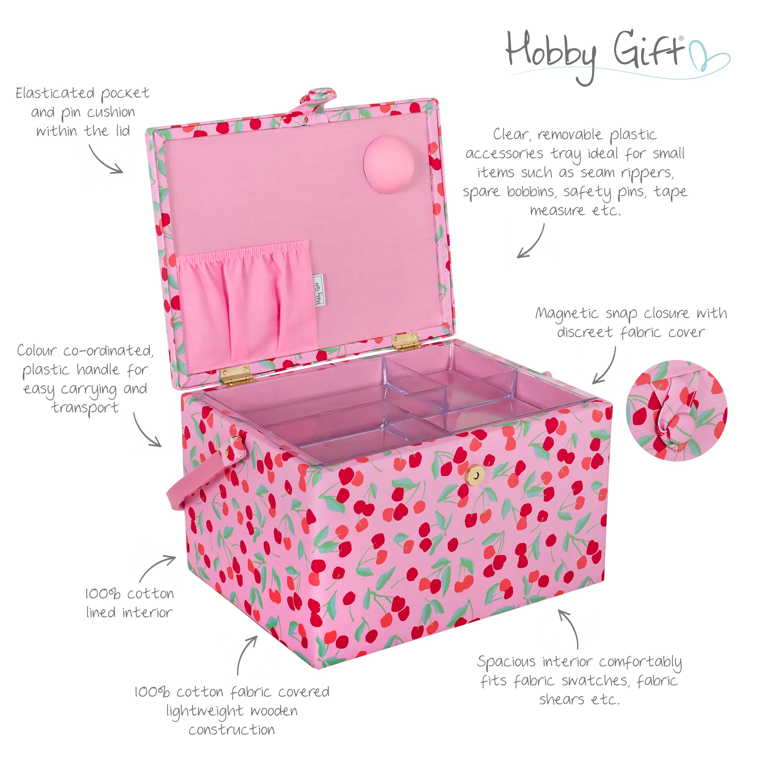 Hobby Gift duże pudełko do szycia, pudełko do przechowywania rękodzieła, taca na akcesoria, poduszka na szpilki, uchwyt pcv, 23,5 x 31 x 20 cm, Wiśniowy