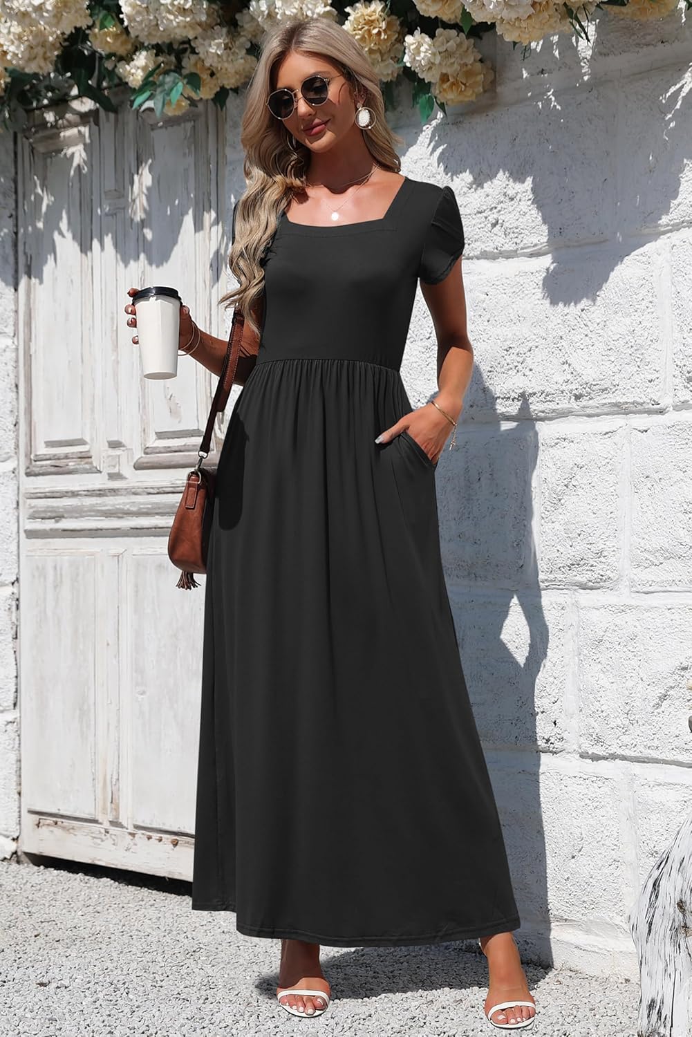 MOLERANI Women's Square Neck Maxi Dresses Petal Short Sleeve Casual Long Dress with Pokets - Image 4