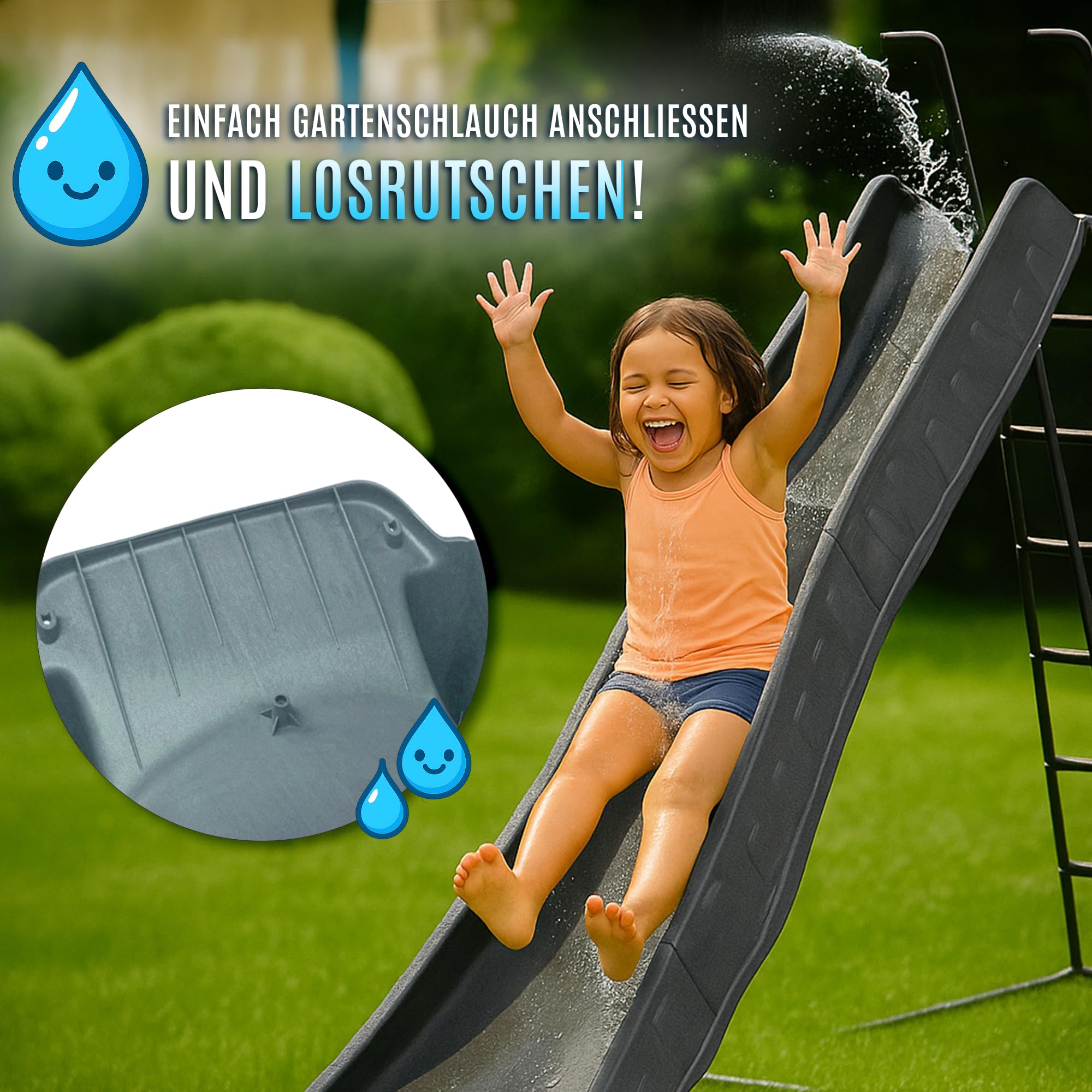 Kinderrutsche Outdoor, 3 m lang für Kinder ab 3 Jahren Podesthöhe 150 cm (+/- 5 cm) Gartenrutsche für Spielhaus & Spielturm als Wasserrutsche für den Garten geeignet (Anthrazit)