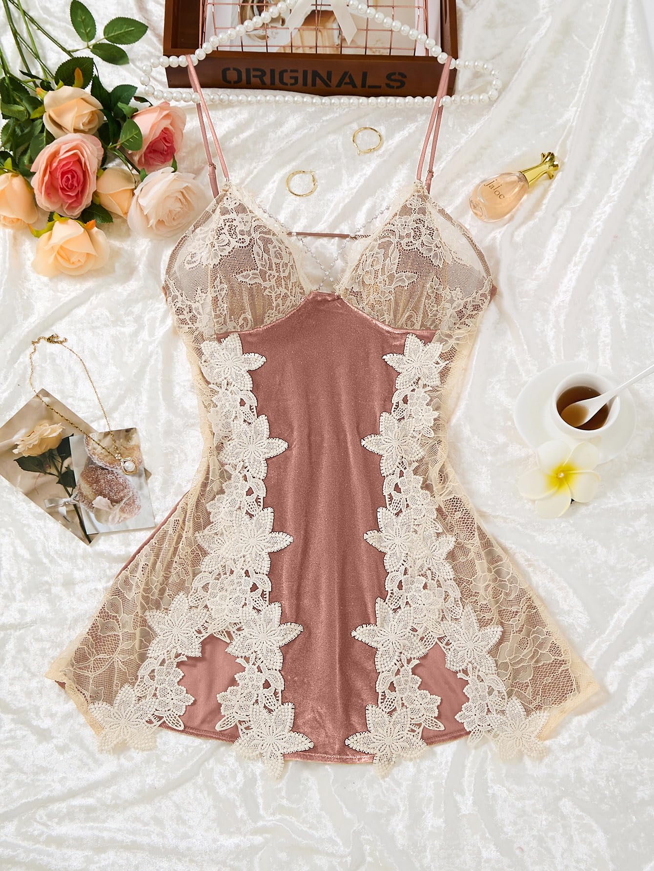 Lilosy Sexy Perlen, geteilte, gepolsterte Samt-Applikationen, Spitze, Blumenmuster, Mini-Dessous-Kleid