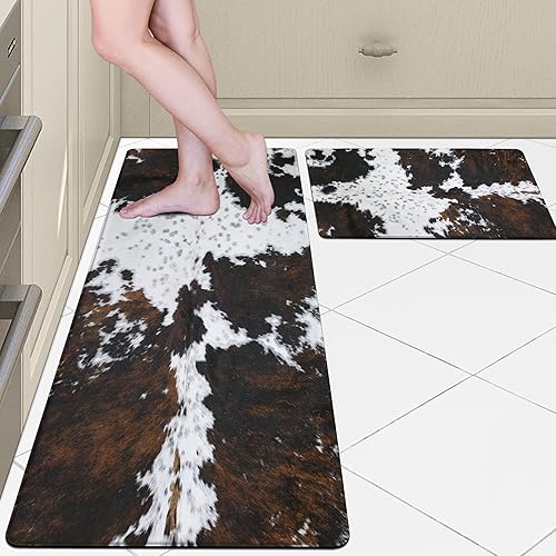 Cowhide Kitchen Rugs and Mats Set of 2 Western Kitchen Decor Anti Fatigue Cushioned Cow Kitchen Rugs Sets Non Slip Waterproof Kitchen Floor Mats for Sink Laundry (Black Brown, 17.5"x29.5"+17.5"x47")