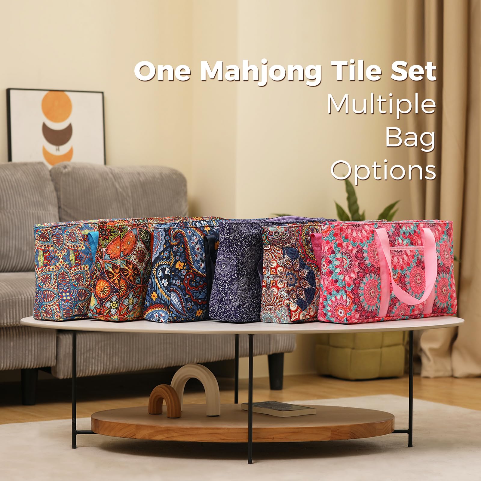 Set di piastrelle American Mahjong con borsa per il trasporto stampata arancione, 166 piastrelle bianche premium, 4 rack all-in-one colori/pusher, set Mah Jongg, set completo da gioco Mahjong