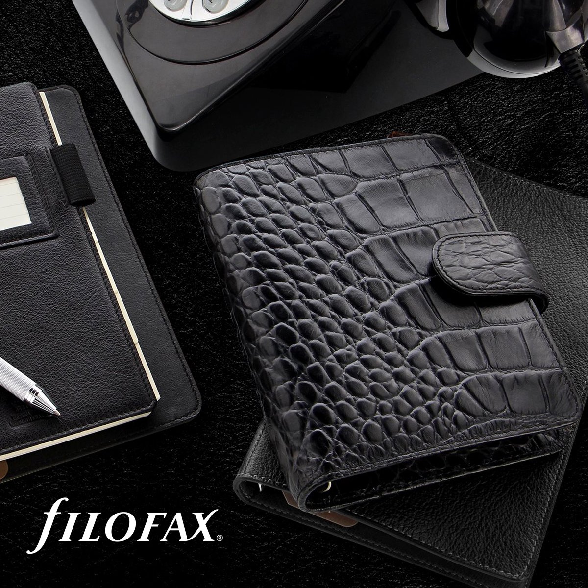 Filofax L026074 Agenda Vitello A7 Calendario Classic Croc Pocket, 19 mm, Nero