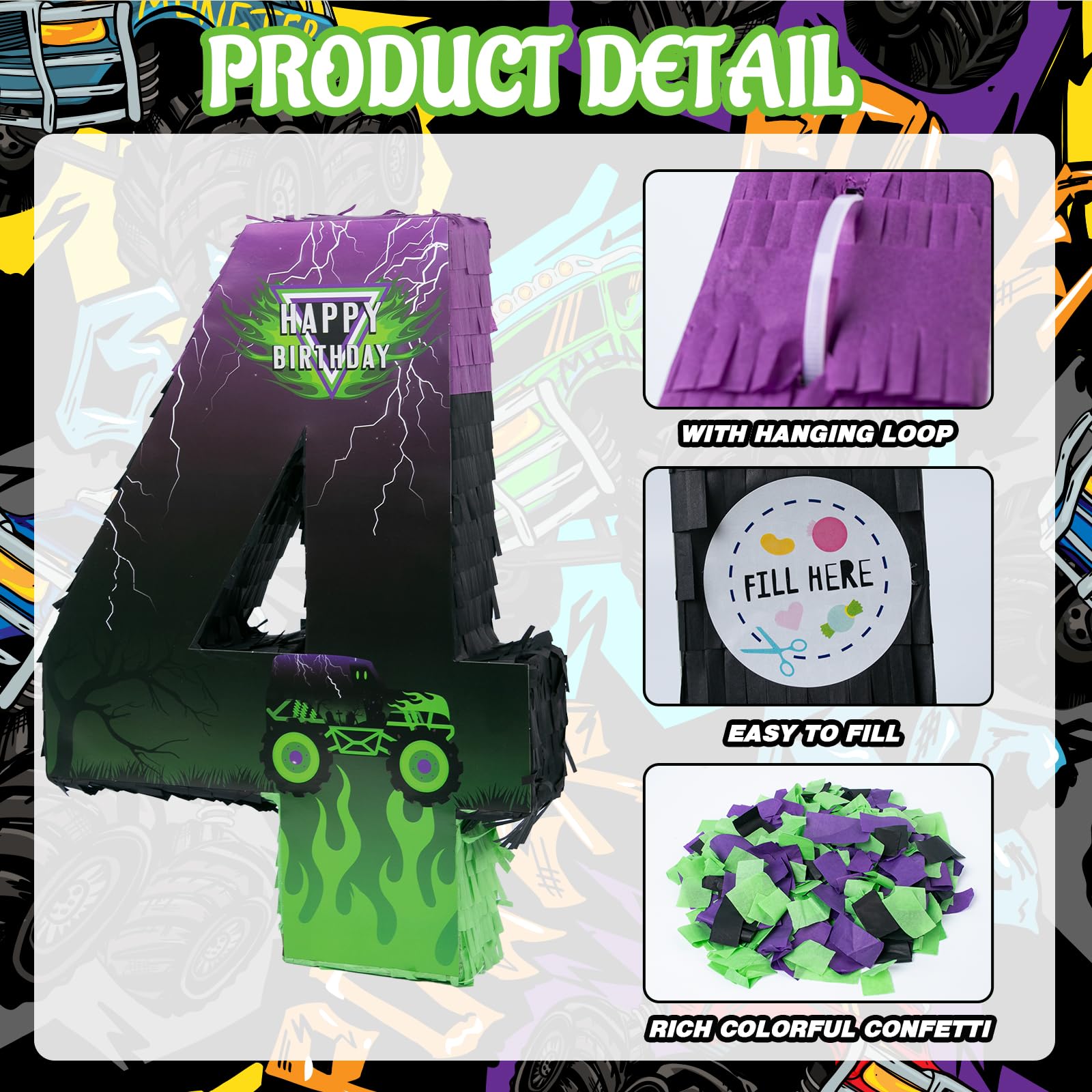Piñata de camión – Paquete de piñata Monster Truck con venda para los ojos y murciélago para decoración de fiesta temática de piñata, piñata de coche genial para fiesta de cumpleaños, carnaval