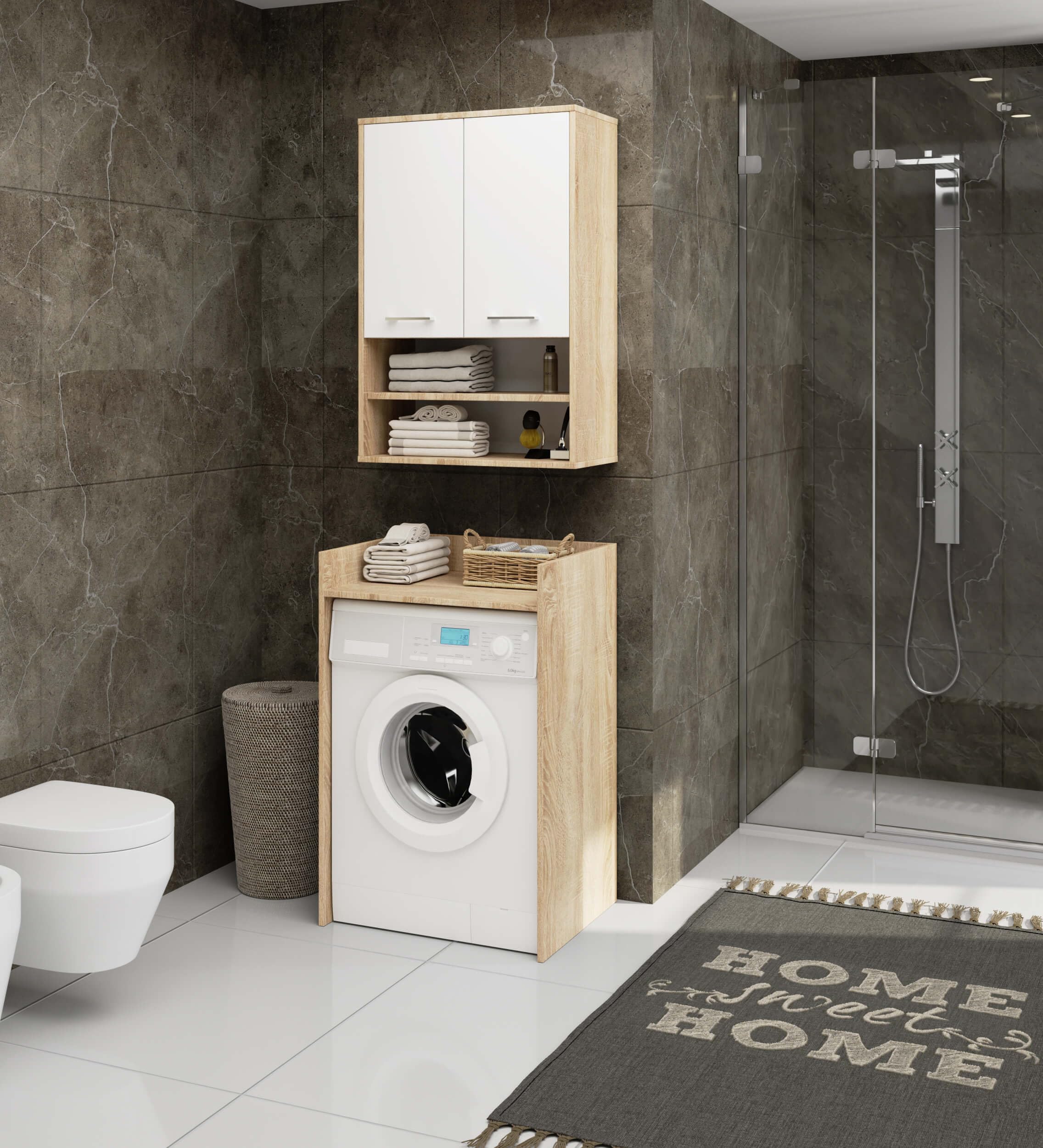 AKORD Mobiletto Bagno Sospeso FIN 64 cm - 2 Ante Basculanti 4 Ripiani - Pensile Salvaspazio da Parete - Laminato Opaco - Mobile Modulare - 64x94x30 cm - per Spazi Ristretti - Rovere Sonoma & Bianco