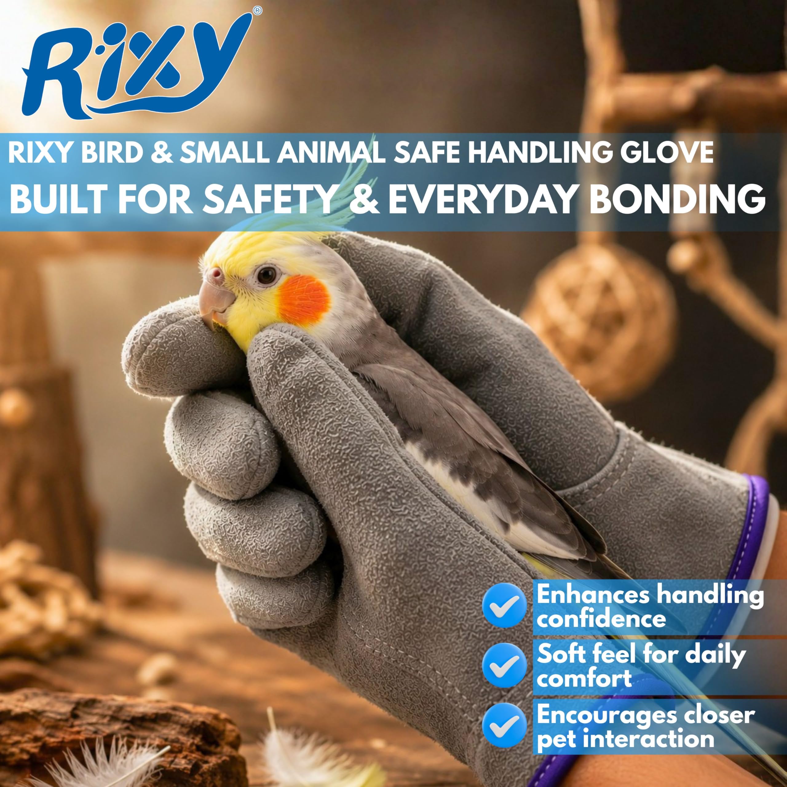Rixy Bird & Small Animal Safe Handling Glove (1 Pc) | Anti Bite Protective Leather Pet Handling & Catching Gloves for Birds, Rabbits, Hamsters & Guinea Pigs | For Daily Comfort & Cage Care 2