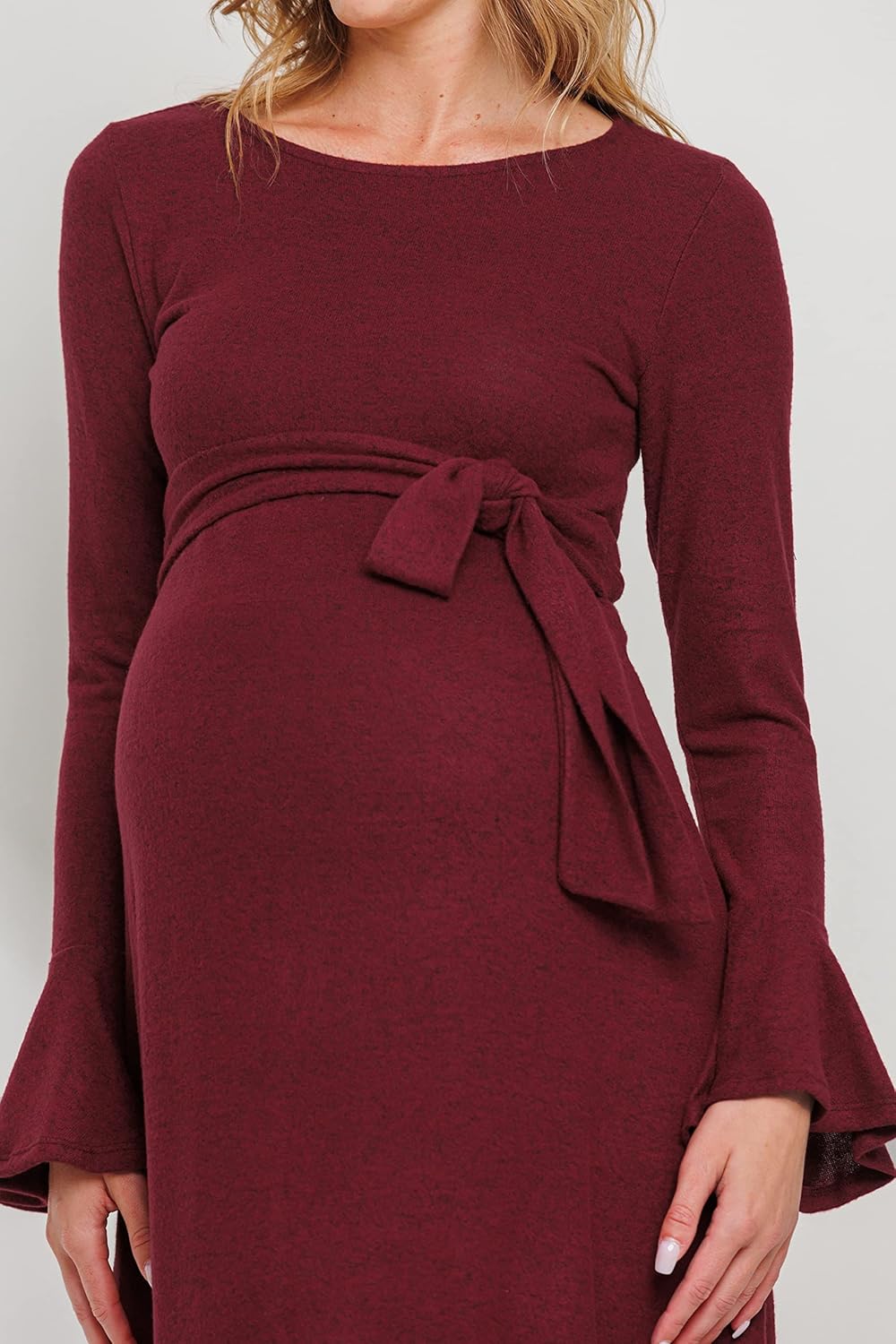 LaClef Women's Bell Sleeve Round Neck Tie Waist Sweater Knit Maternity Dress