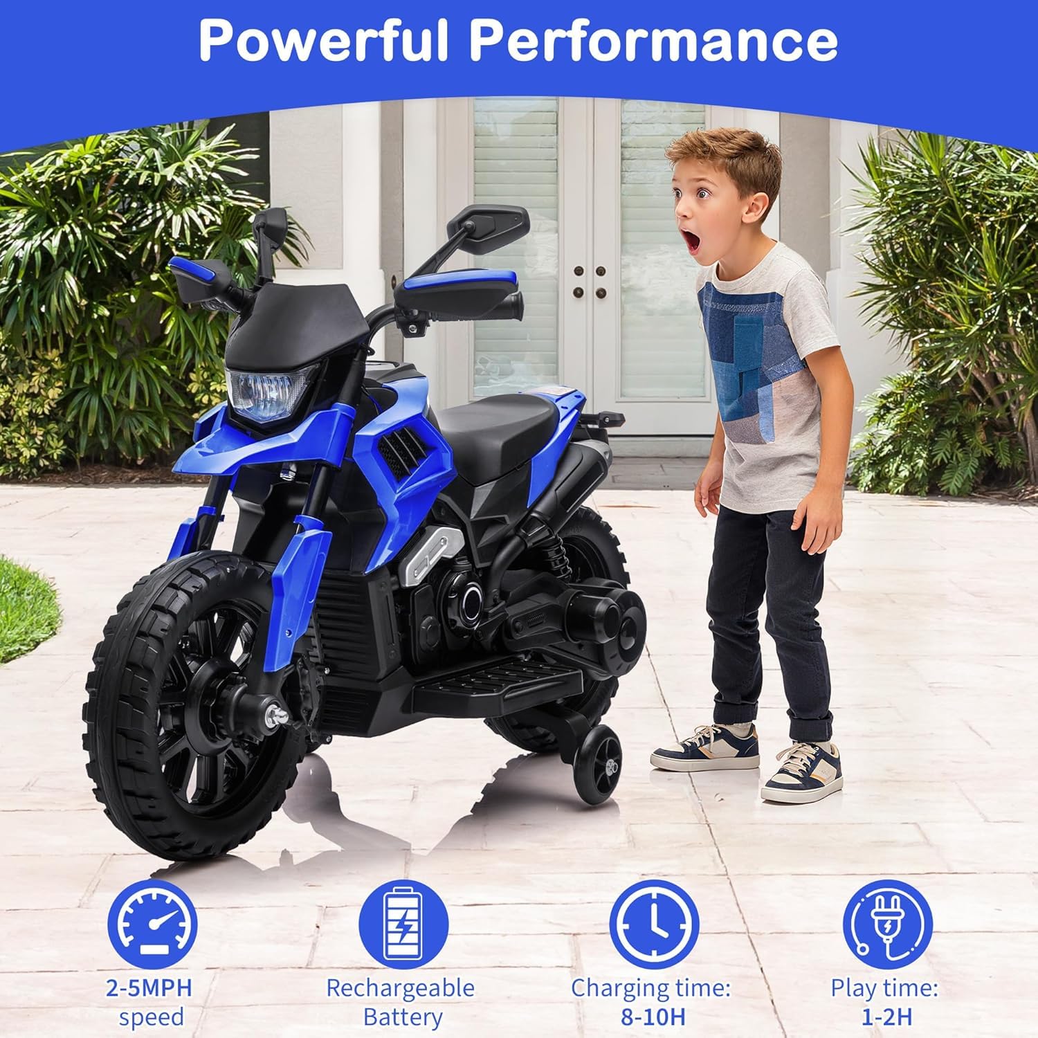 Elektro-Motorrad Kinder 6V mit Stützrädern, Kindermotorrad mit LED und Musik, Akku 6V4Ah, Belastbarkeit 25 kg, Elektrisches Spielzeug für Jungen und Mädchen 3-6 Jahre, Blau
