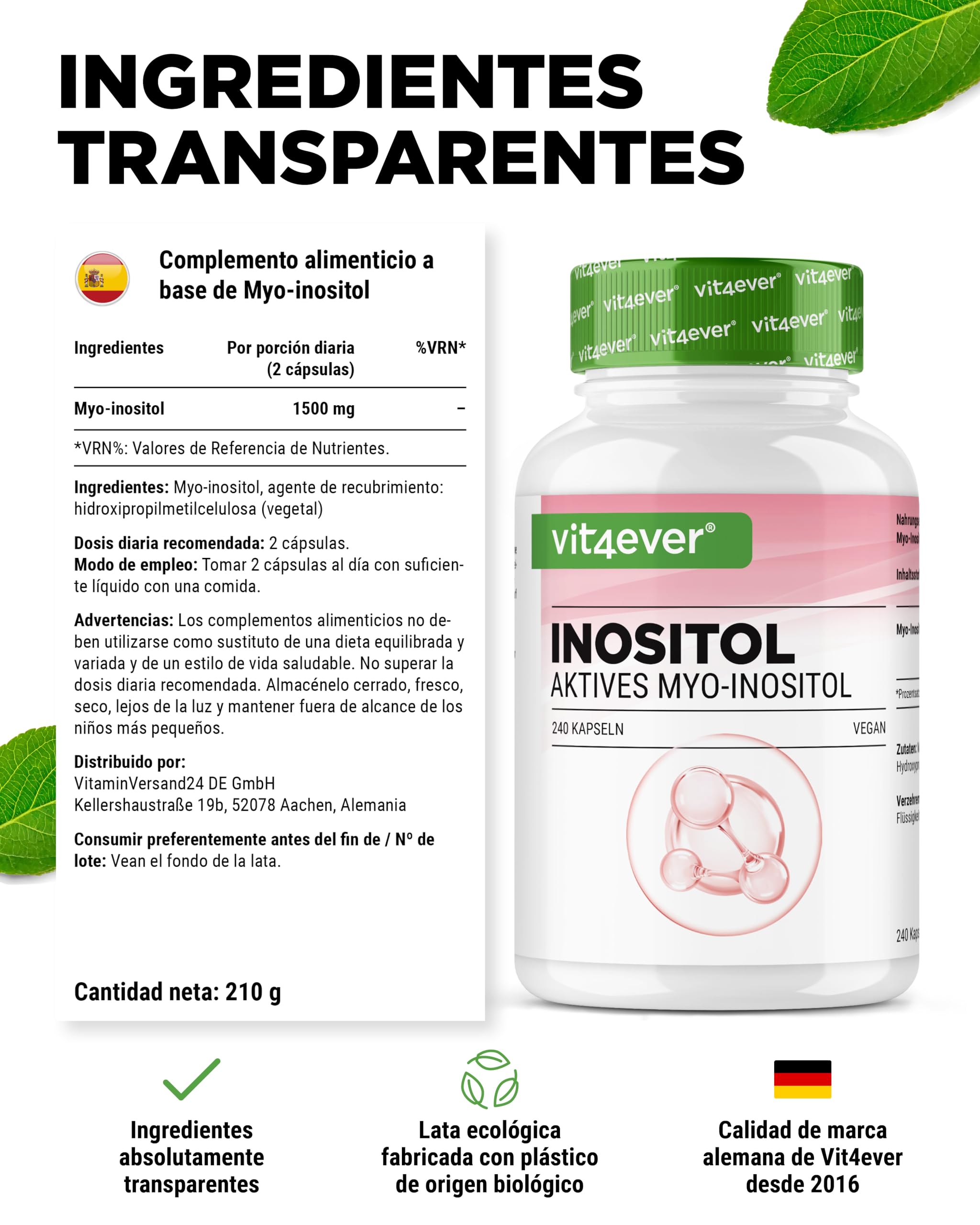 vit4ever Myo-Inositol - 1500 mg por Día - 240 Cápsulas Veganas de Alta Dosificación - Inositol puro, Componente importante del Metabolismo Celular - Sin Aditivos innecesarios