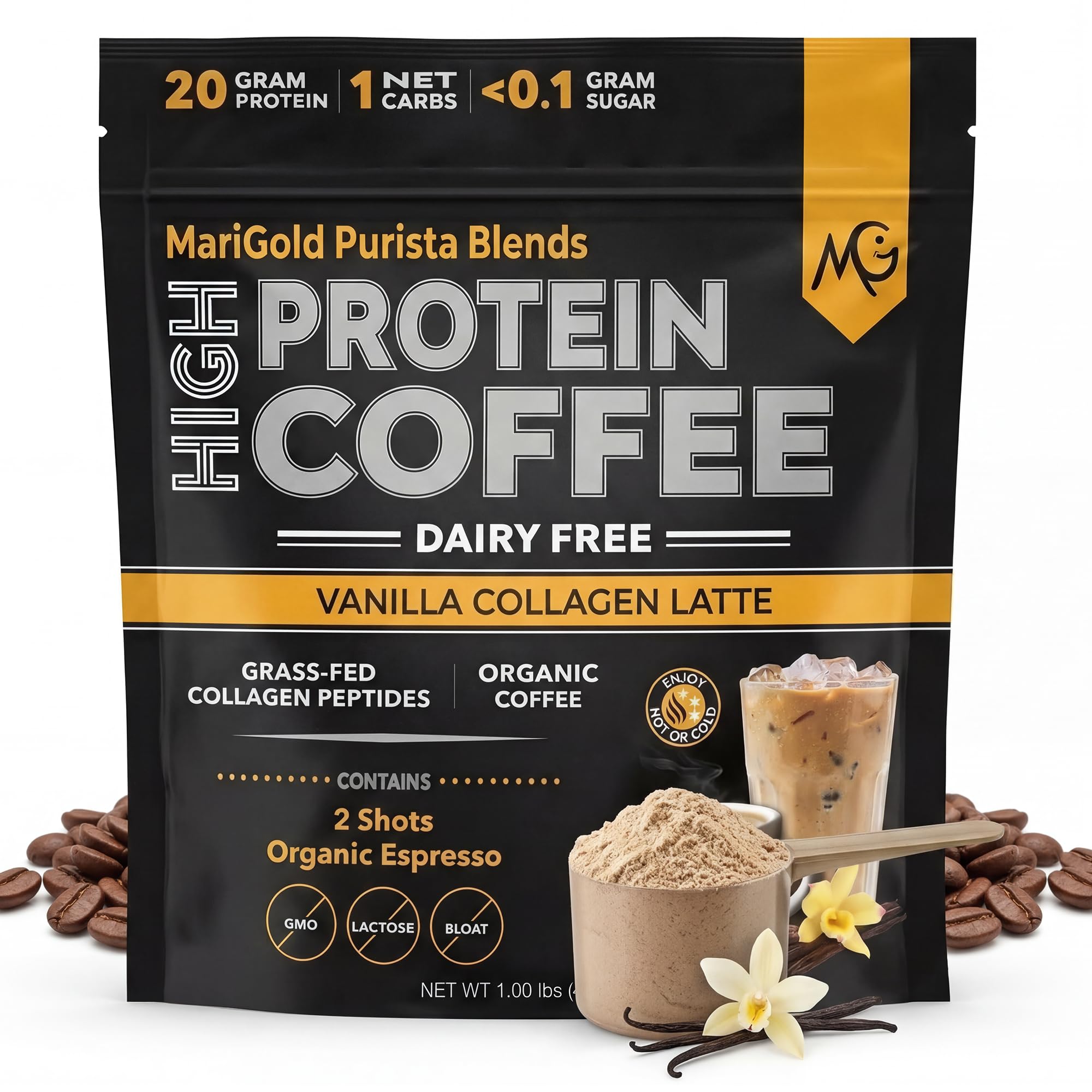 MariGold Collagen Coffee, Vanilla Latte - 1lb Bag, 15 Servings Vanilla Latte 1 Pound (Pack of 1)