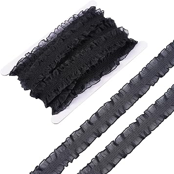Beadthoven 10 Yards Black Organza Lace Trim 1-1/4 inch Elastic Double Lace Chiffon Ruffle Ribbon Fabric Lace Gathered Tulle Ribbon for Sewing Dress Embroidery Fringe Applique Wedding Collars