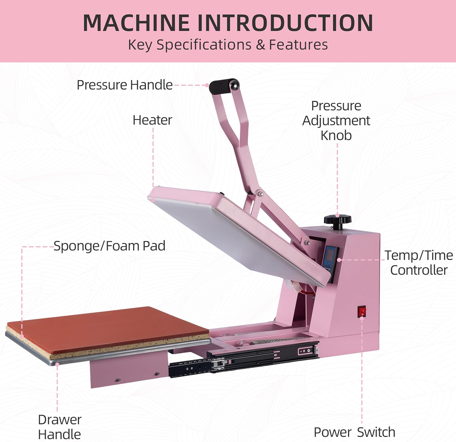 15x15 Inch Heat Press Machine with Slide-Out Drawer, Manual Clamshell Design, Digital Temp & Timer Control, Pink 1400W Heat Transfer Machine for T-Shirts, Vinyl, Fabric, DIY Projects & More