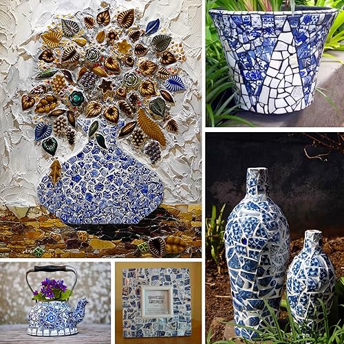 Miniatura 5 de LITMIND Azulejos de mosaico de cerámica azul y blanco de 1.1 libras para manualidades, piezas de porcelana ovaladas a granel, ideal para proyectos