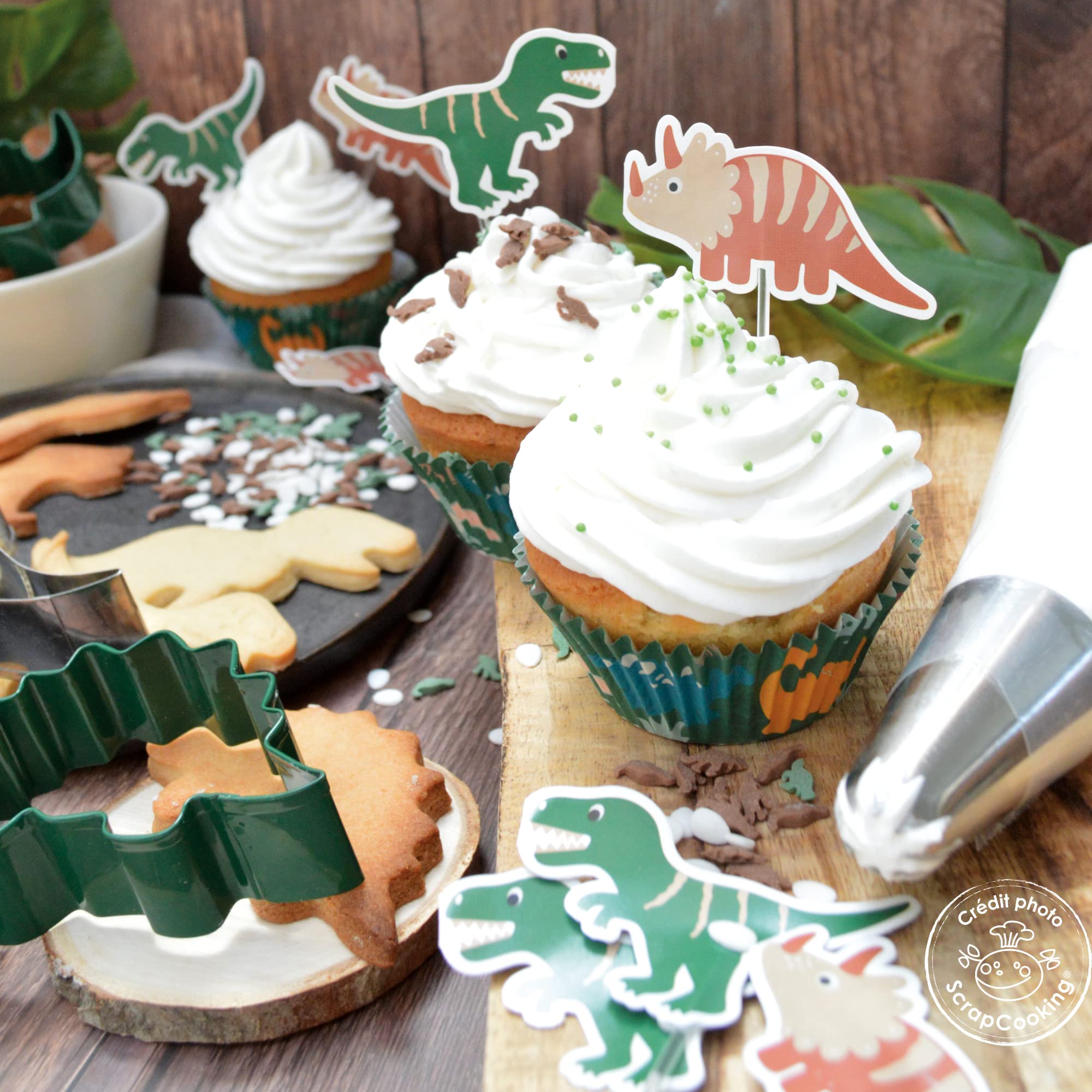 ScrapCooking - Zestaw 24 foremek i topperów do babeczek - Motyw Dino - Dekoracje do ciast, deserów, ciast, ciastek, urodzinowych - Wzór ciasta