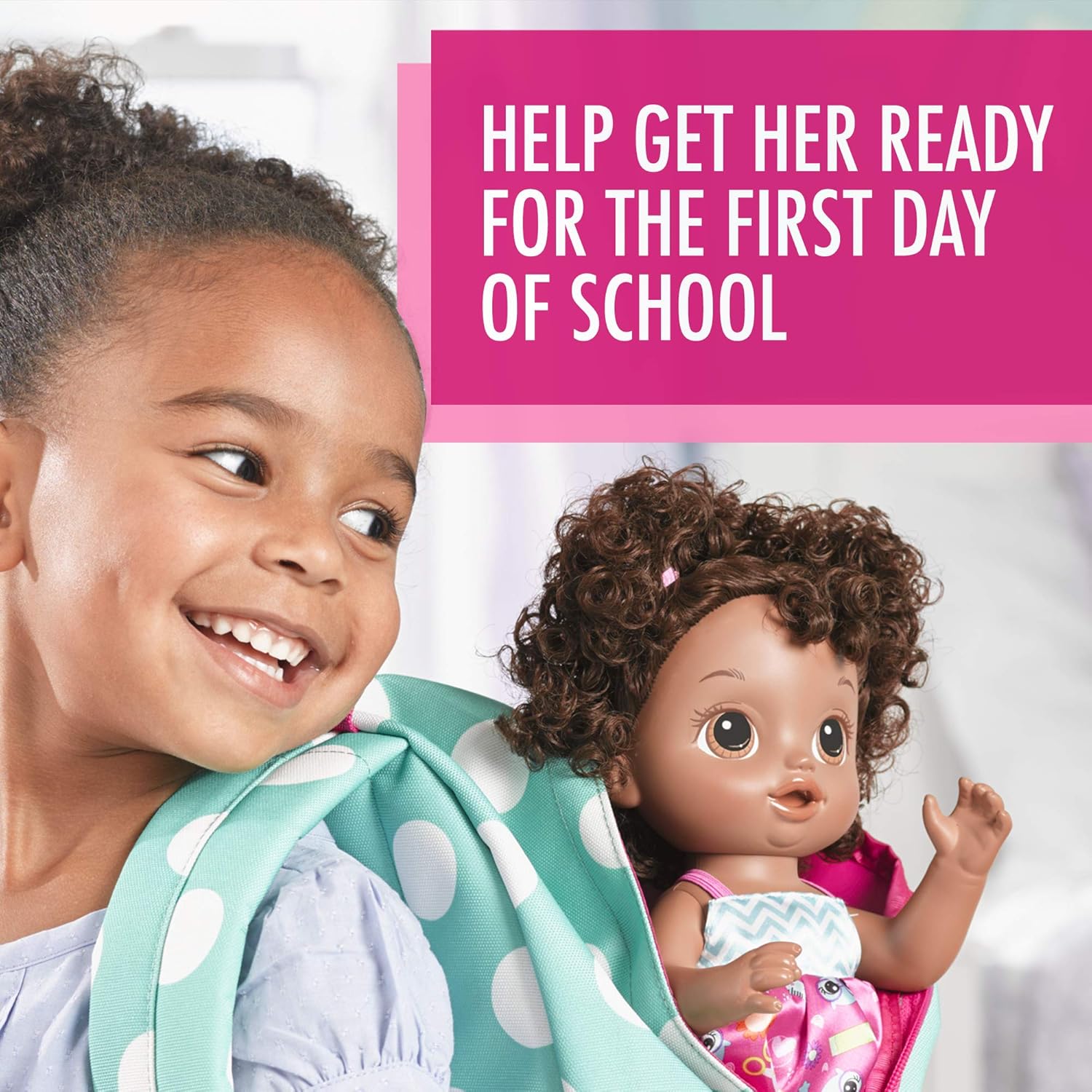 BABY ALIVE READY FOR SCHOOL BABY: Baby Doll with Black Curly Hair, School-Themed Dress, Doll Accessories Include Notebook & Brush, Doll For 3-Year-Old Girls and Boys and Up (Amazon Exclusive)
