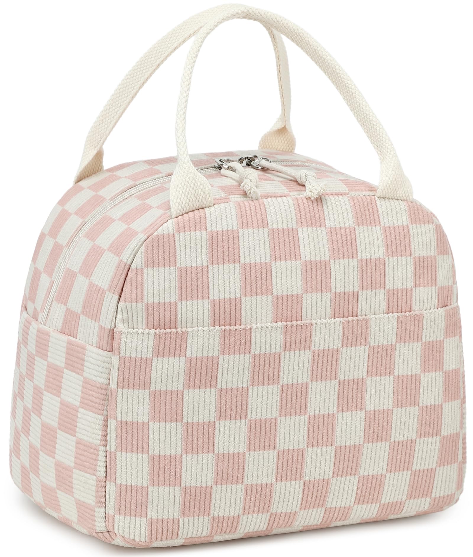LEDAOULunch Box for Women Insulated Lunch Bag Corduroy Lunch Tote Bags Leakproof Cooler Lunch Case for Travel Work Picnic (Checkered-Pink)