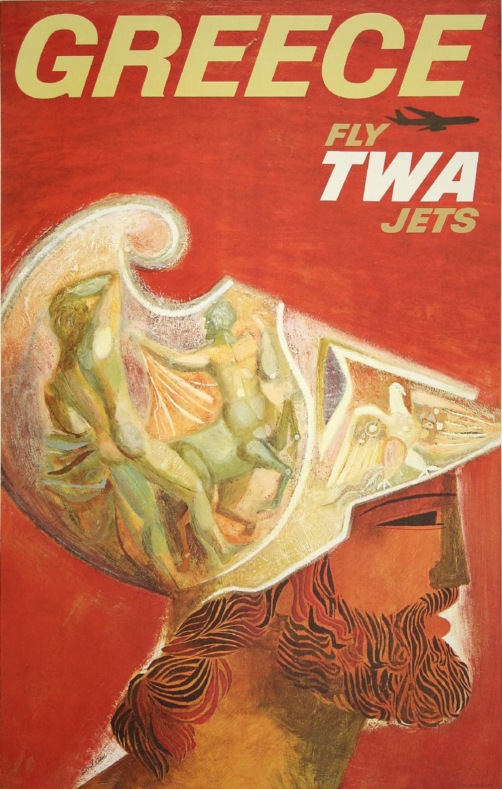 Póster de Grecia TWA retro en marco de madera marrón para decorar despachos