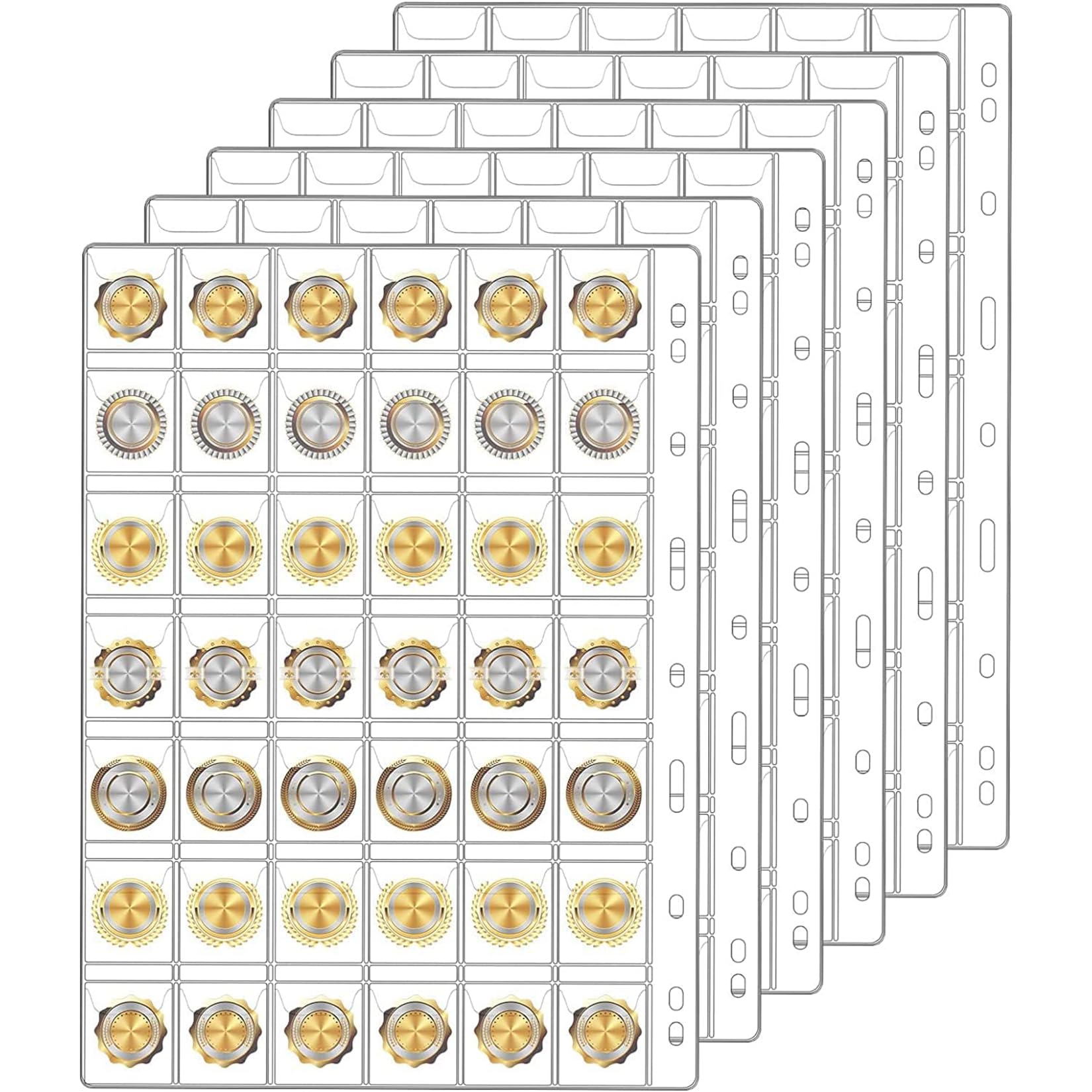 Coin Collection Pages for Collectors, 6 Sheets Coin Pages, Coin Sleeves Holder Book, 9-Holes Coin Album Collecting Binder for Silver Dollar Bill Stamp, 42-Pockets per Sheet/252 Pockets in Total