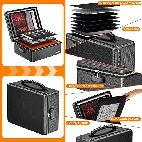 Miniatura 6 de ENGPOW Caja de documentos ignífuga con cerradura, resistente al agua, con aislamiento térmico, caja de seguridad rígida con cremallera ignífuga,