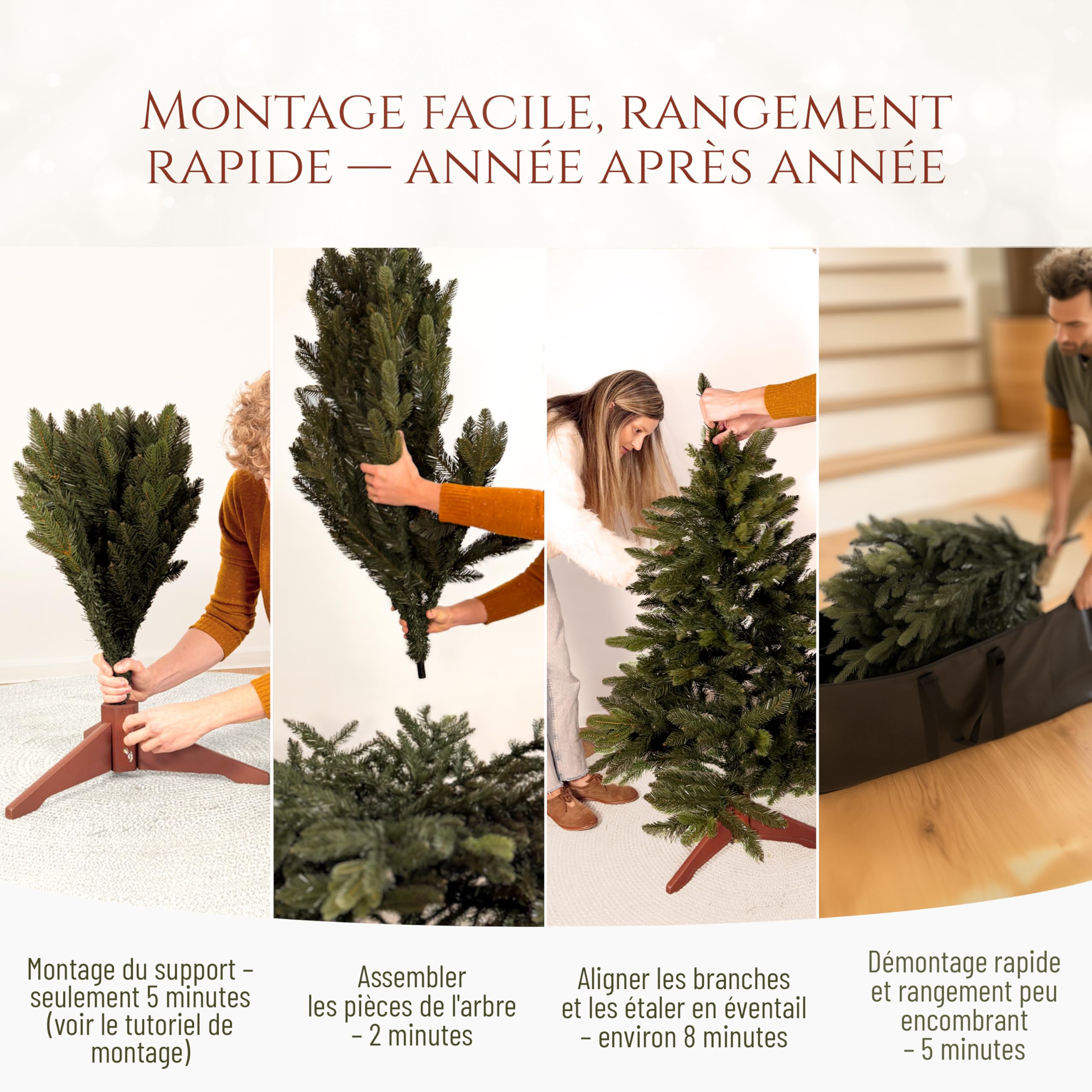 Sapin de Noël Artificiel Premium 150 cm - Gagnant du Test - Réalisme Exceptionnel, Branches épaisses, livré avec Support en Bois et Sac de Rangement – Pure Living