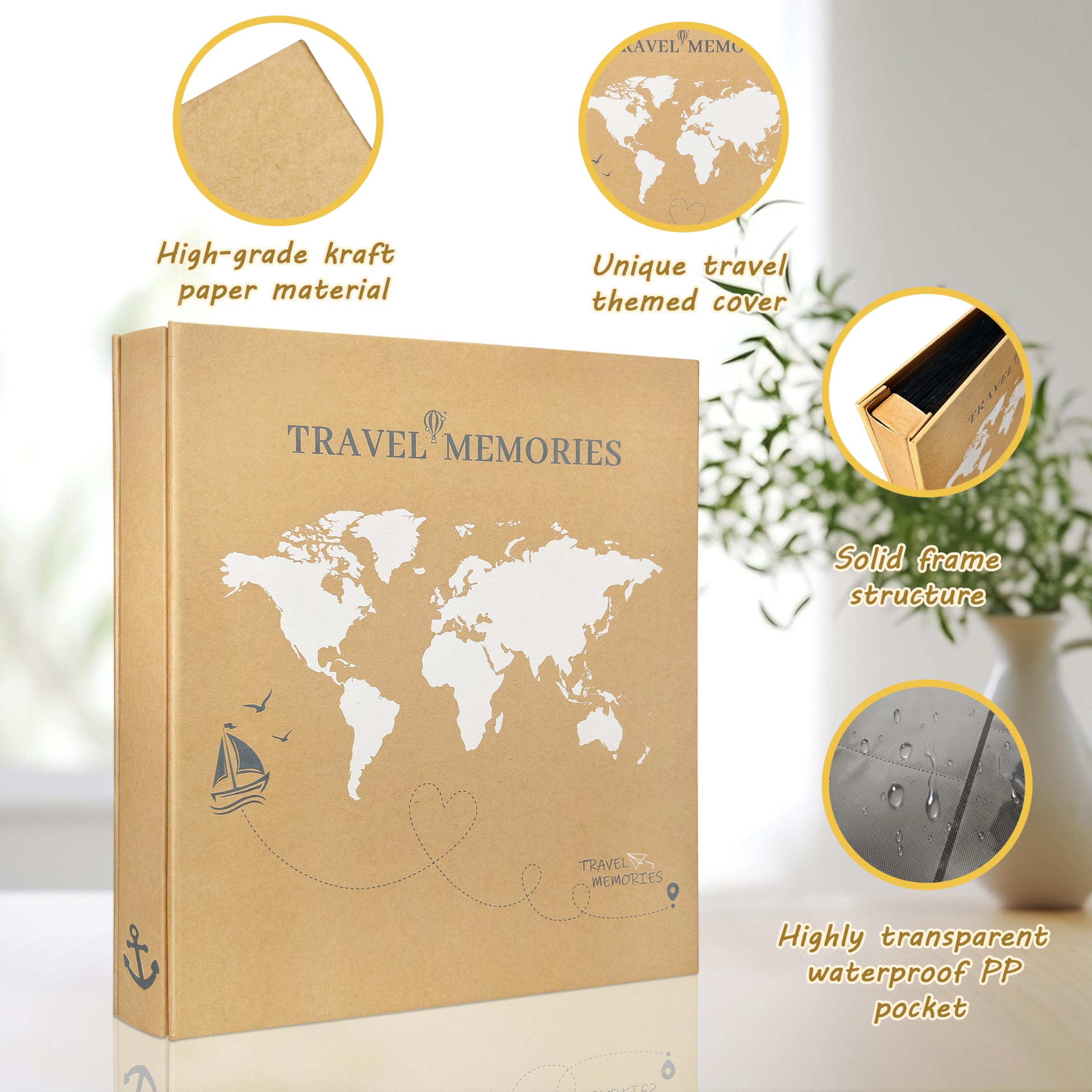 Álbum de fotos de viaje con capacidad para 500 fotos de 4 x 6 pulgadas con 5 bolsillos por página, tapa de mapa del mundo, libro de recuerdos para vacaciones familiares, viajes por carretera y