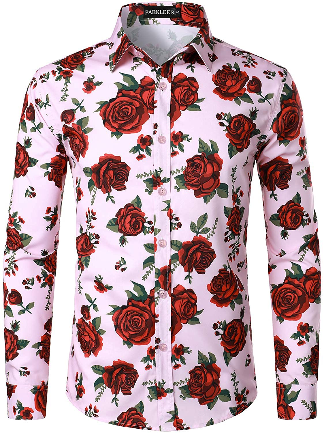 PARKLEES Herren Langarm-Shirt Mit Stickerei – Schmale Passform, Rosenblüten-Druck, Atmungsaktiv