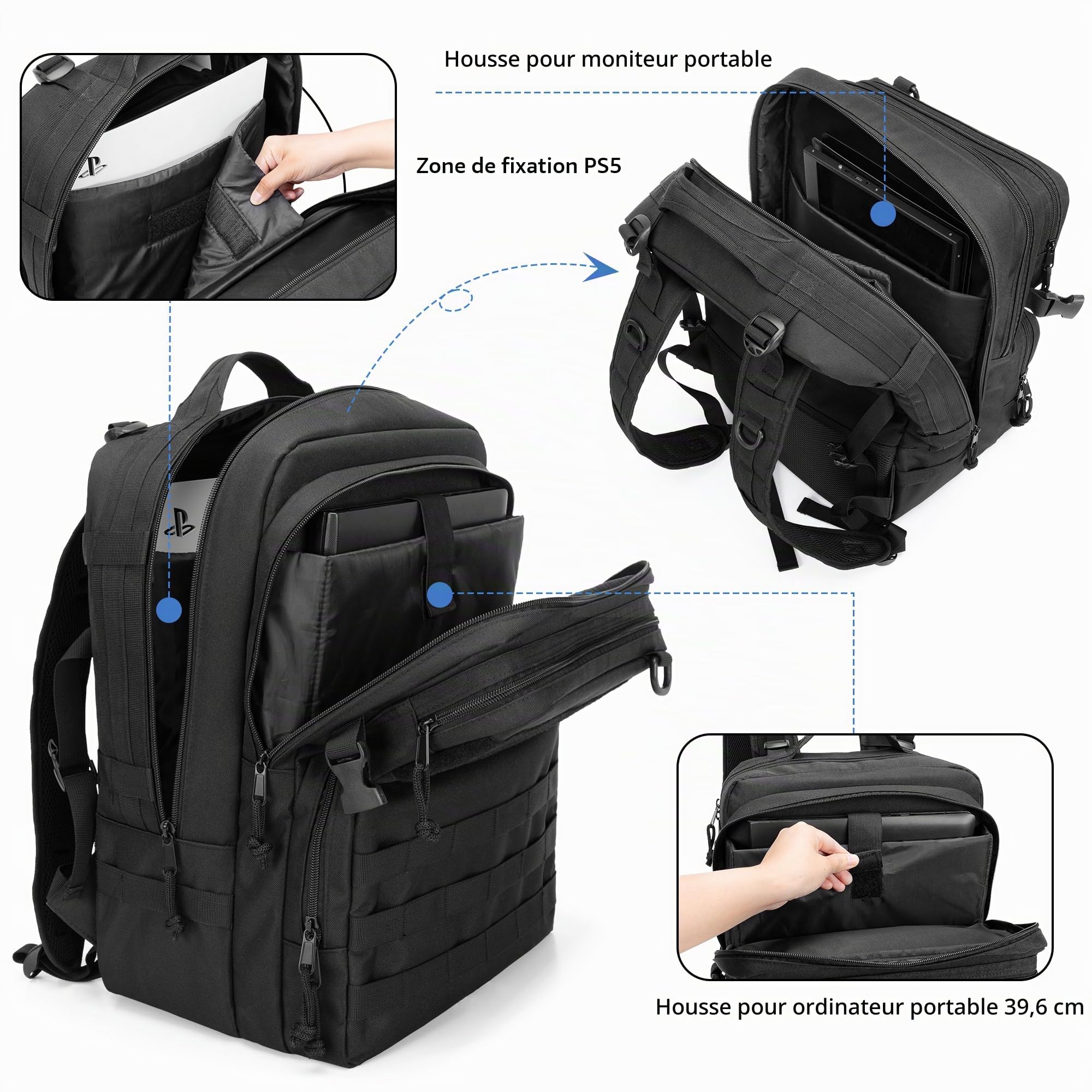PGmoon Sac à Dos de Jeu Tactique Compatible avec Console PS5/PS5 Slim/PS4 | Sac de Rangement pour Ordinateur Portable 15,6", Moniteur Portable, Manette, Casque et Autres Accessoires de Jeu