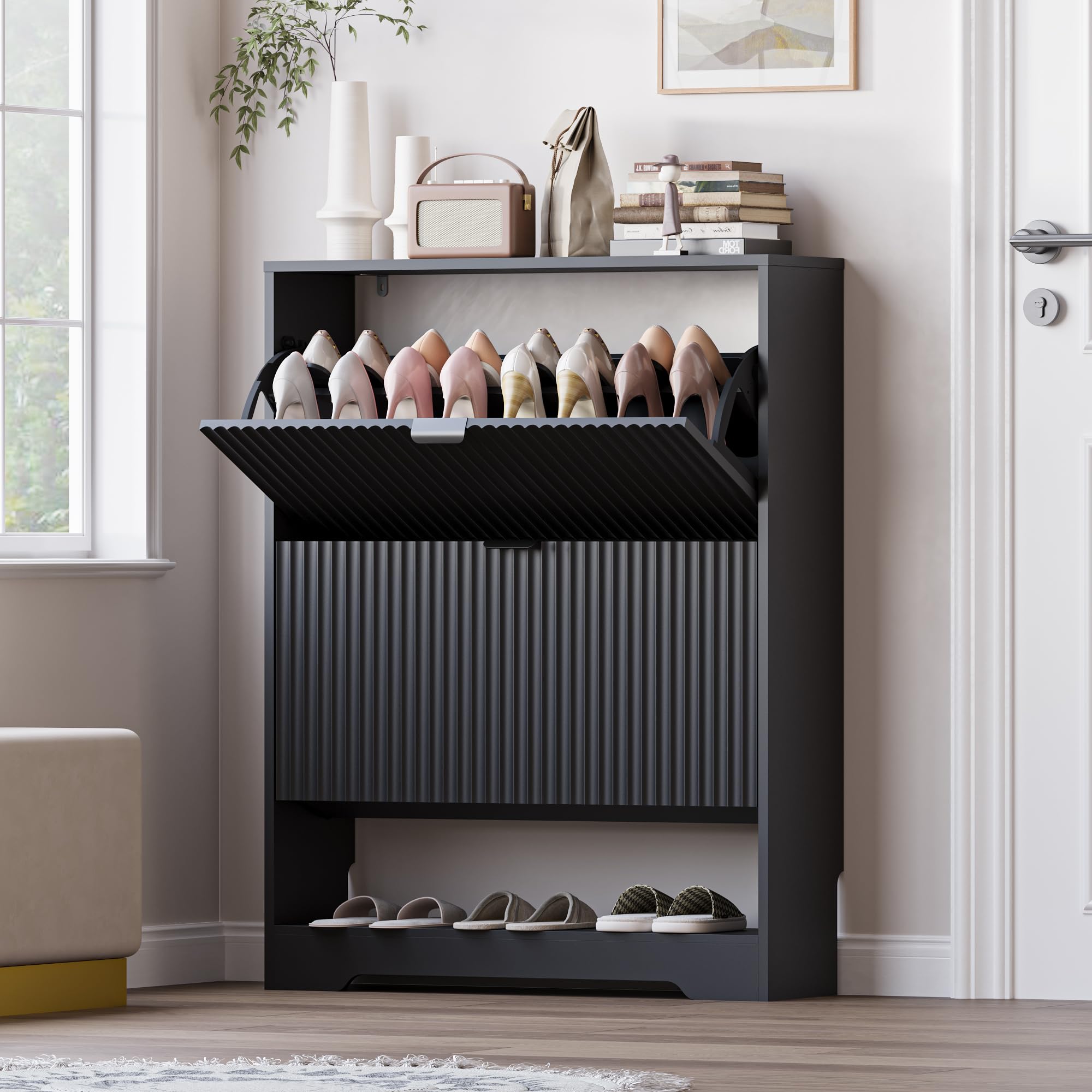 BORNOON Shoe Cabinet with 2 Flip Drawers, Fluted Shoe Storage Cabinet with Adjustable Shelves, Freestanding Rack and Organizer for Entryway, Closet, Hallway