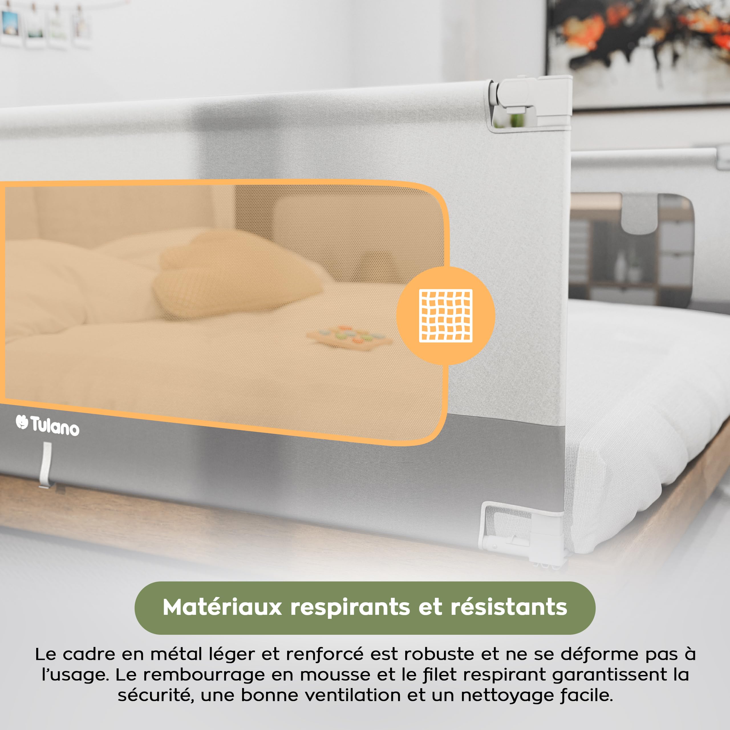 TULANO Cover 48 Barrière de lit Enfant 180 cm, avec Poche latérale, Gris