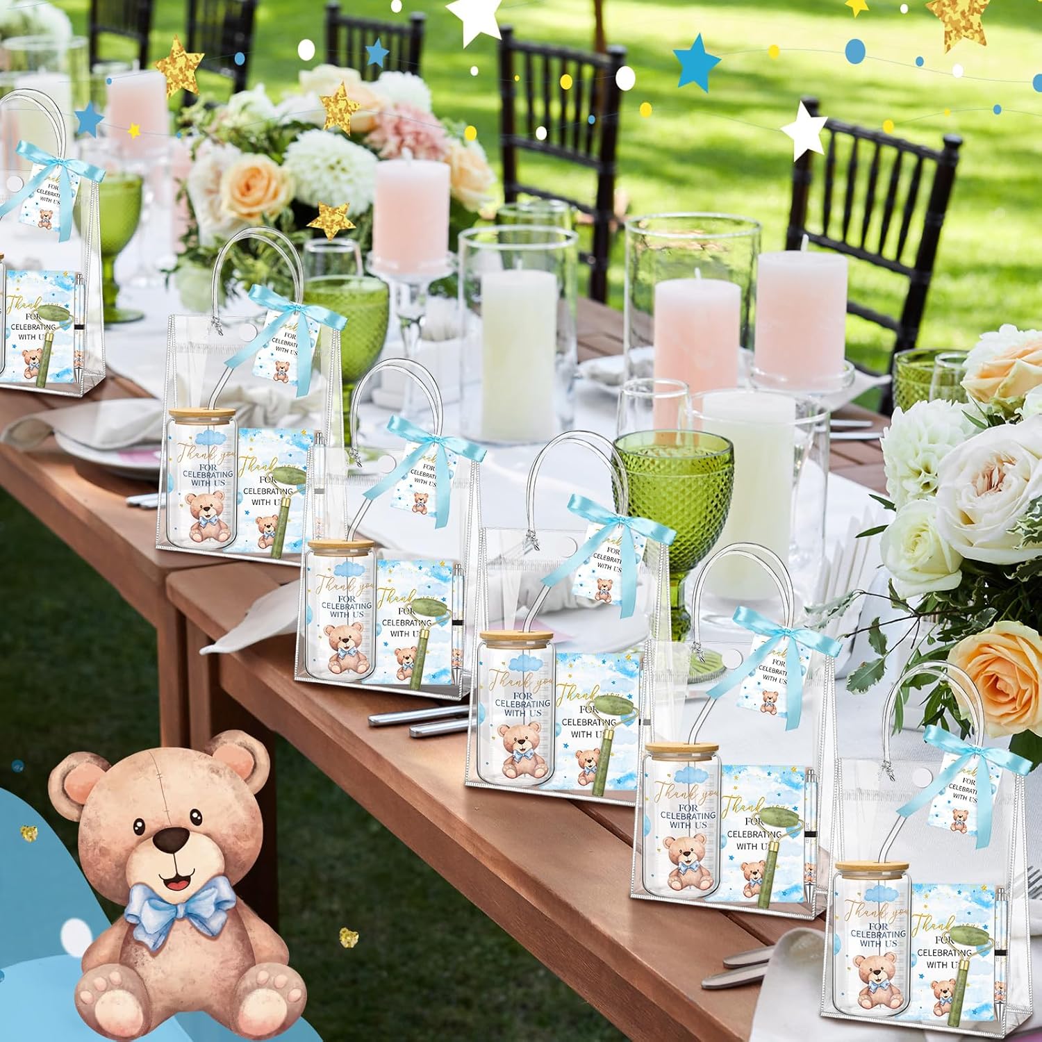 6 Set Bear Baby Shower Game Prizes for Player Winners Tumblers with Lids Straws Roller for Face Pens Spiral Notebooks Gift Bags for Baby Bridal Shower Wedding Game Favors