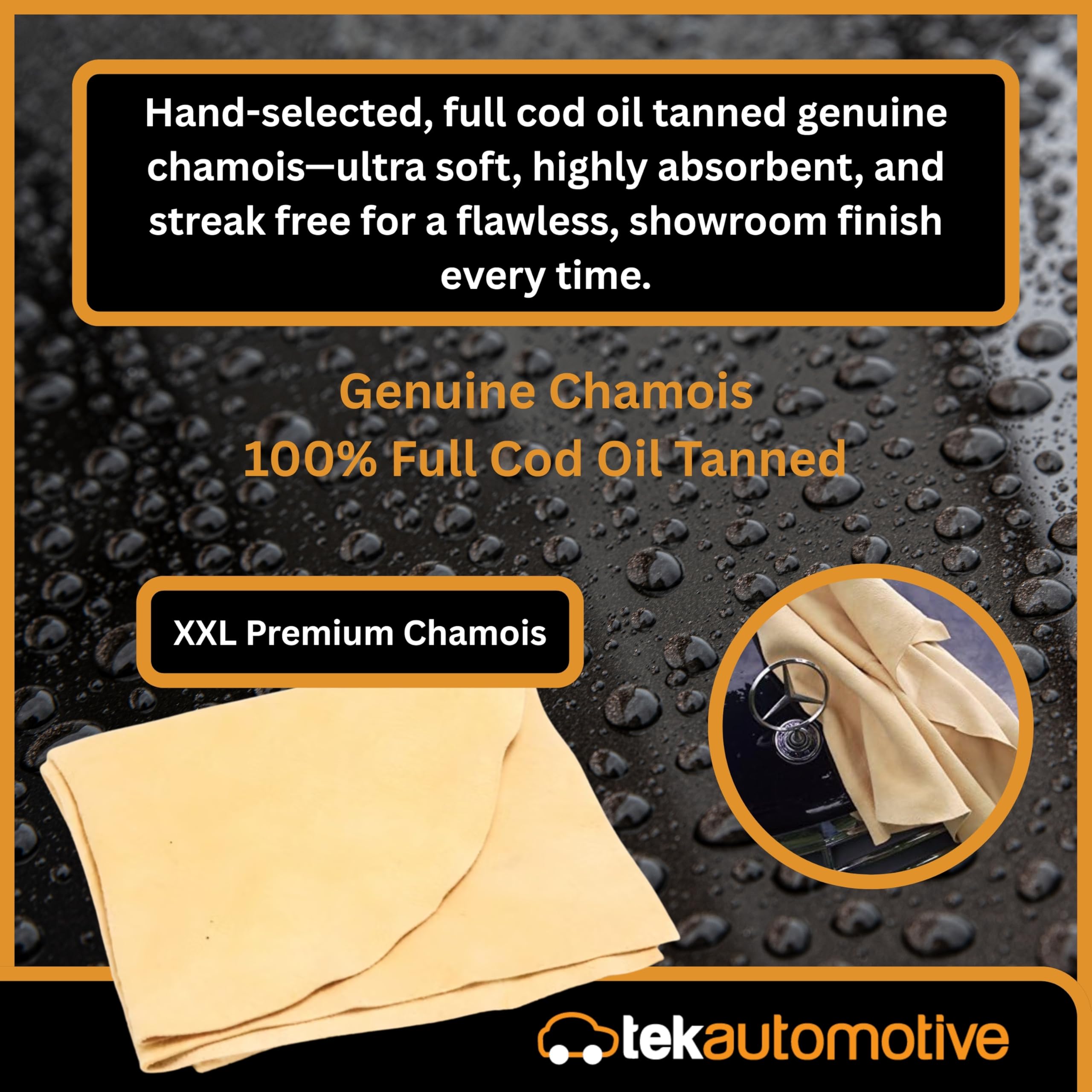 Tek Automotive Pelle di camoscio per auto – Qualità professionale XXL Full Cod conciata all'olio – 100% vera pelle shammy panno per asciugatura e lucidatura auto