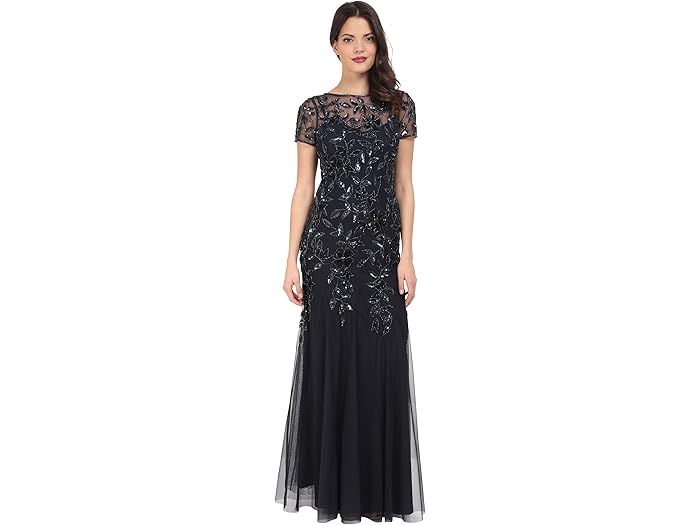 adrianna papell floral beaded godet gown with sheer short sleeves