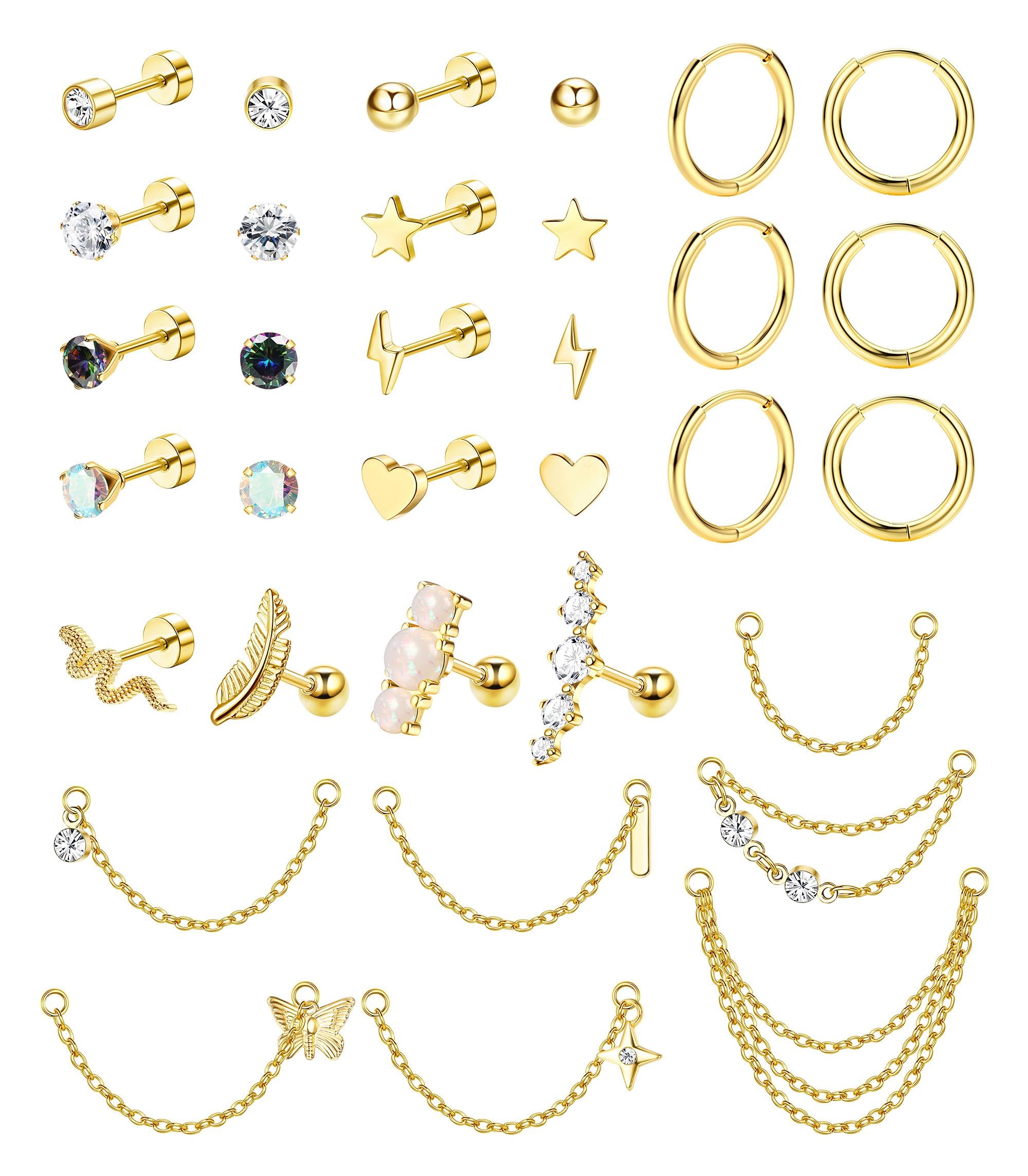 Chriscoco 33Pcs Piercing Oreja Pendientes Mujer Acero Quirurgico Pendientes Aro con Cadena Ópalo Estrella Corazón CZ Pendientes Antialergicos Cartílago Pendientes Piercing Tragus Helix Joyería