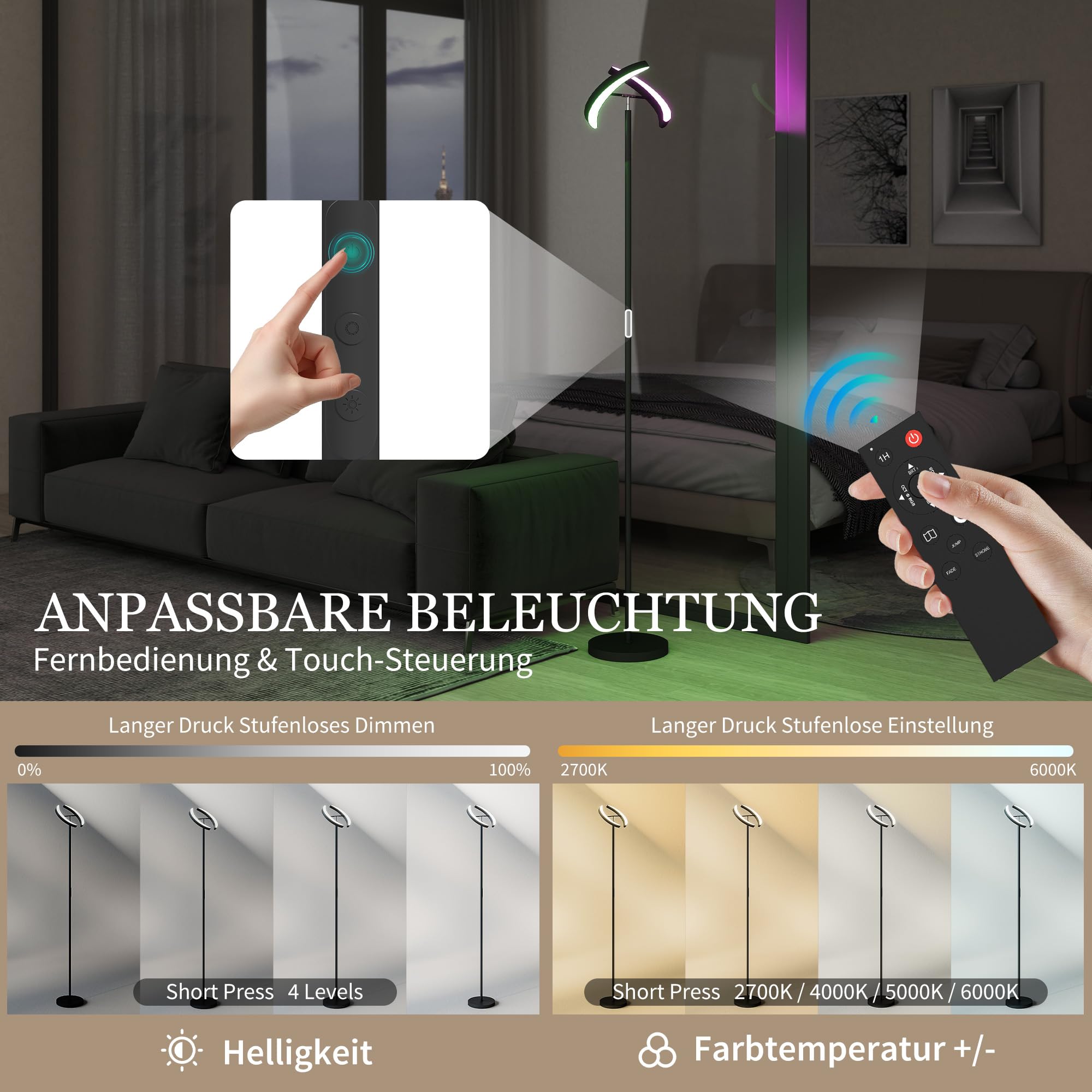 HOMCOM Lampa podłogowa LED do salonu RGB, z regulacją jasności, z obrotową podwójną głowicą, pilotem, sterowaniem dotykowym, 4 temperaturami barwowymi, timerem, nowoczesna lampa sufitowa do salonu,