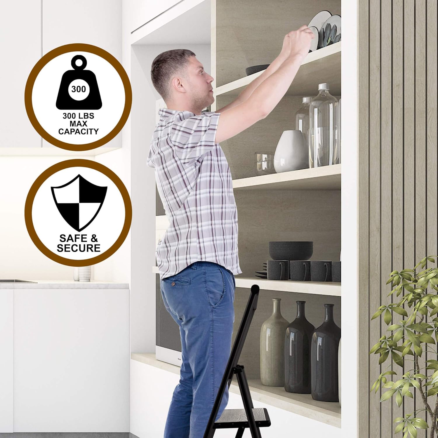 Sorfey Premium 3 Step Modern Gray Wood Ladder. Lightweight,-Ultra Slim Profile, Anti Slip Steps, Sturdy-Portable for Home, Office, Kitchen, Photography Use, Black Aluminum Finish: Home & Kitchen