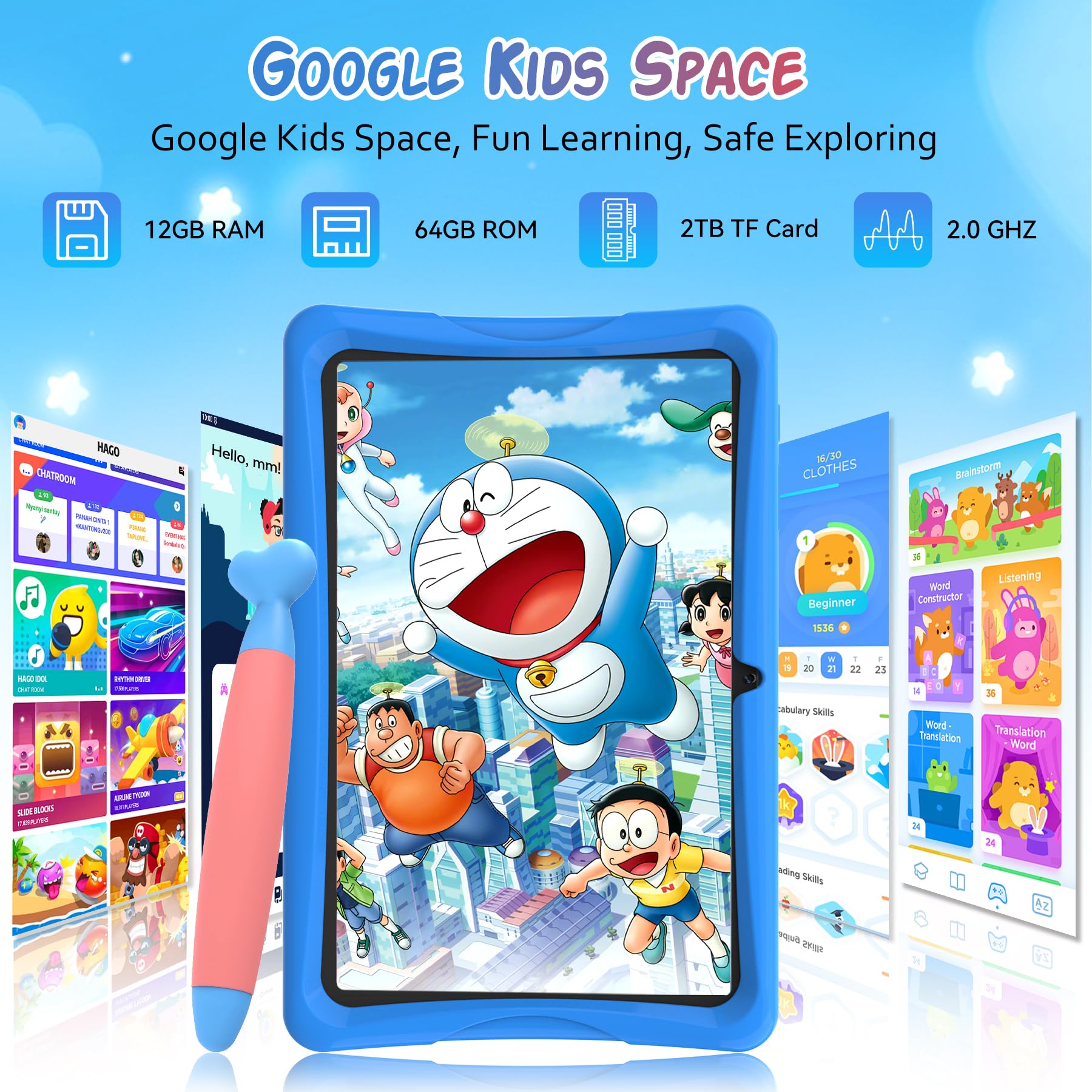 TABWEE Kids Tablet 10 inch, Android 15 Tablets for Kids, Parental Control, Pre-Installed Kiddos Software & Kids Space, Includes Case & Stylus Pen, 12GB RAM 64GB ROM, 2TB Expand, HD IPS Screen(Blue) — view 5