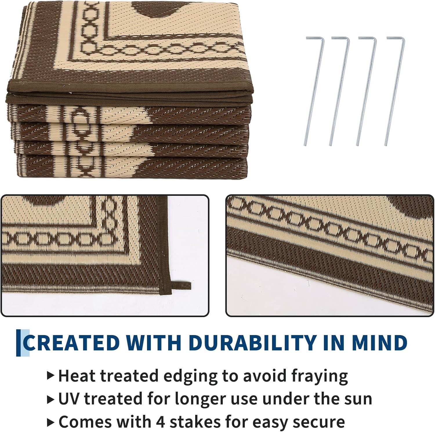 GlowSol Waterproof Outdoor Rug 8×10ft, Scalloped Foldable Plastic Straw Patio Camping Rug, Outdoor RV Carpet for Deck Camper Porch Balcony Backyard Picnic Beach Peony Brown & Coffee